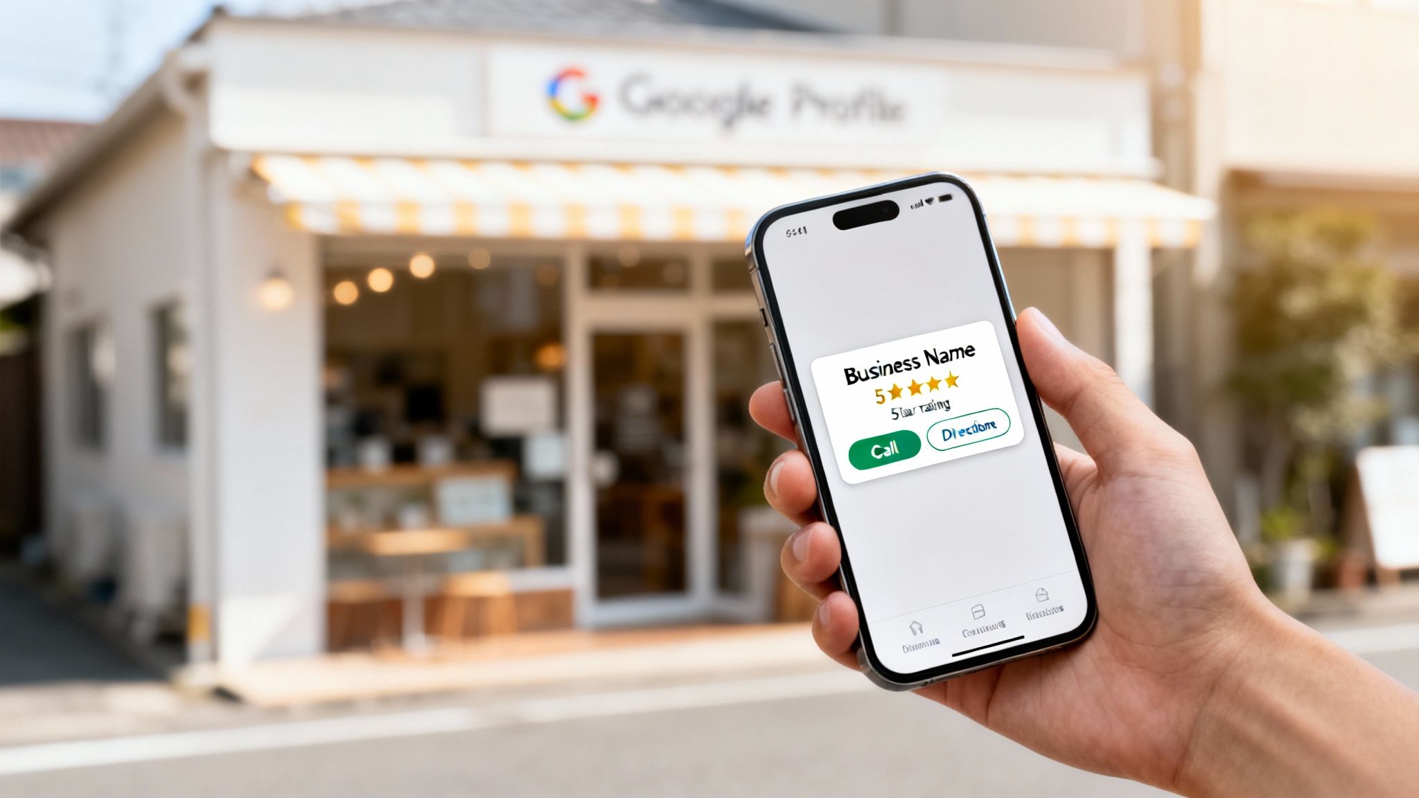 Hand holding a phone showing a Google Business Profile with 5-star rating, in front of a shop.