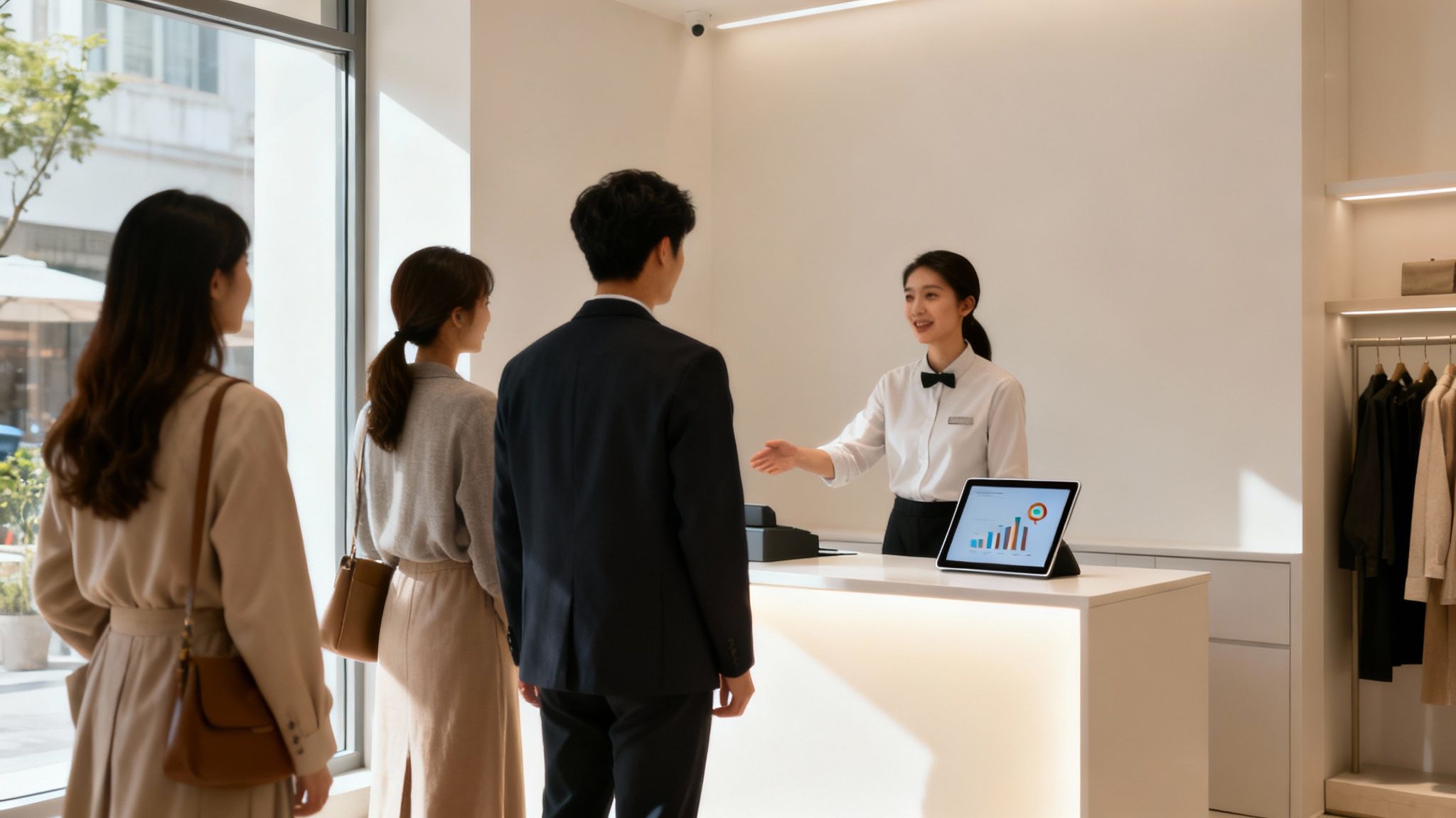 A smiling sales associate welcomes three customers at a modern retail store counter with a tablet display.