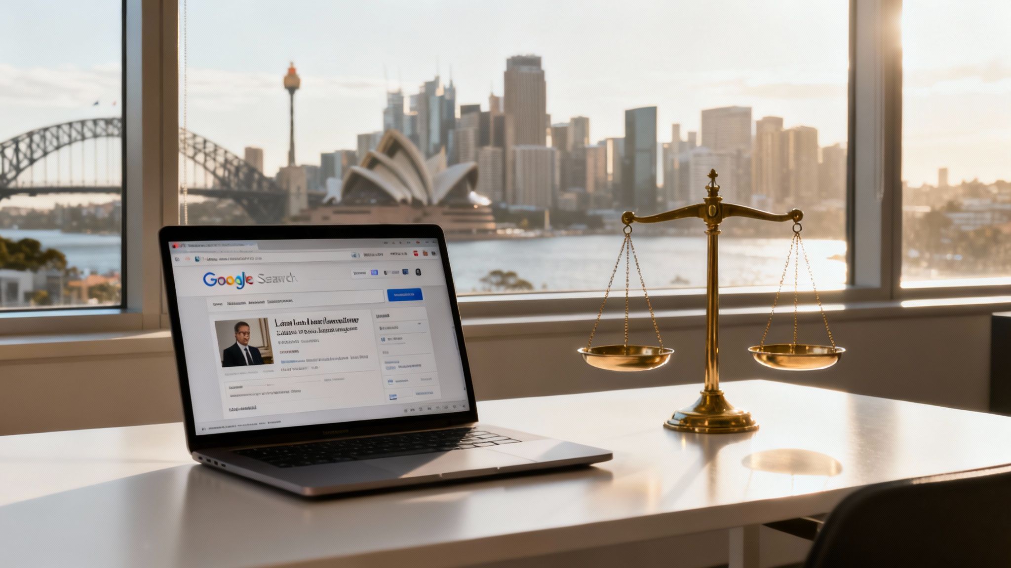 Scales of justice and a laptop displaying a legal professional's Google search results, overlooking the Sydney skyline.