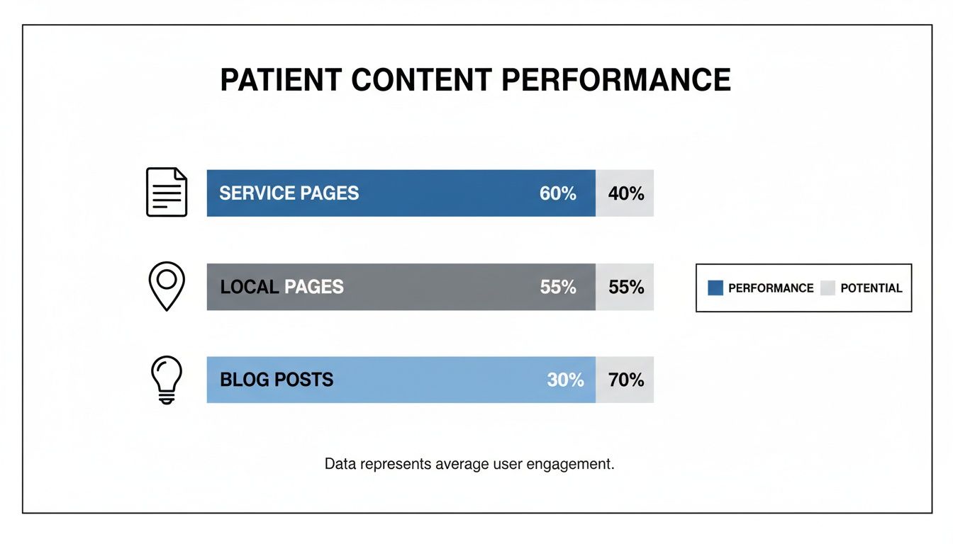 Bar chart displaying patient content performance and potential across service, local, and blog pages.