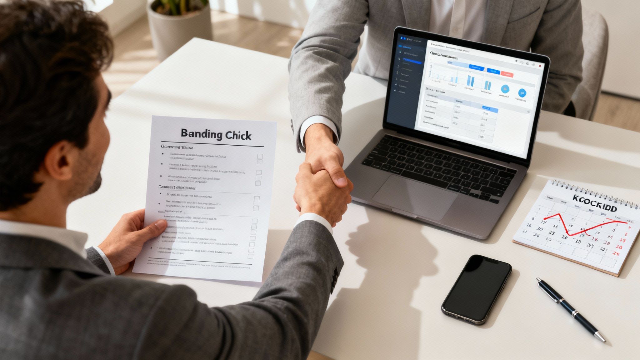A consultant and a business owner collaborating at a desk, outlining a plan for a Google Ads campaign.