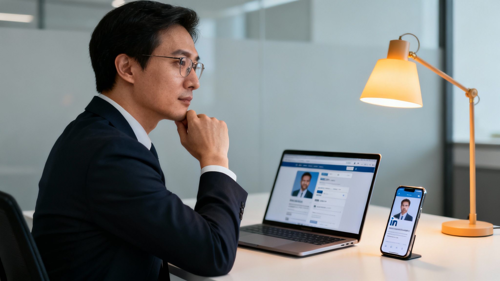 A man in glasses thoughtfully reviewing a LinkedIn profile on a laptop and smartphone at an office desk.
