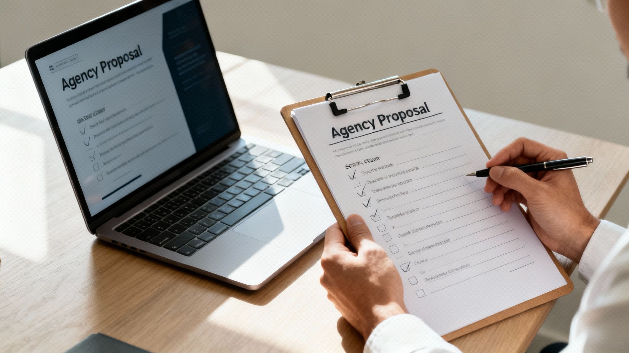 A person reviews an agency proposal on a clipboard and laptop, checking off items with a pen.