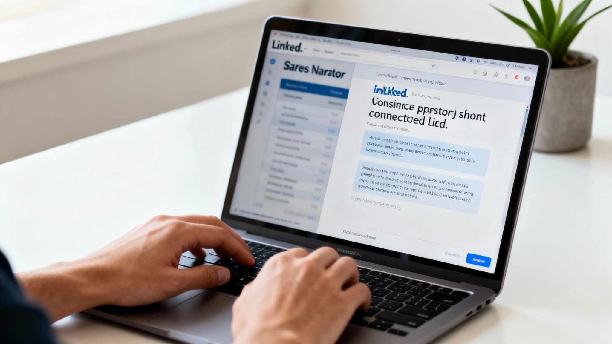 Close-up of a person typing on a laptop screen displaying a LinkedIn-like professional platform.