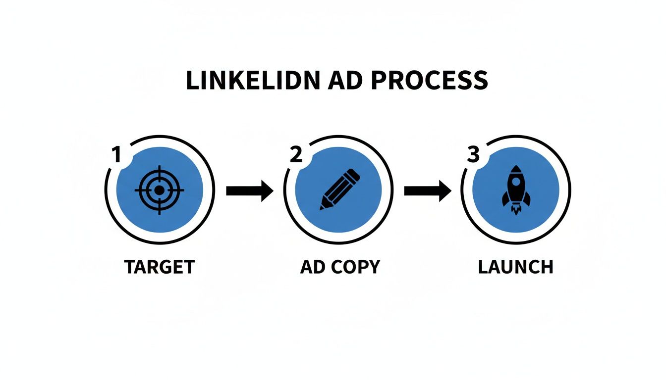 A three-step diagram outlining the LinkedIn ad process: Target, Ad Copy, and Launch, with icons.