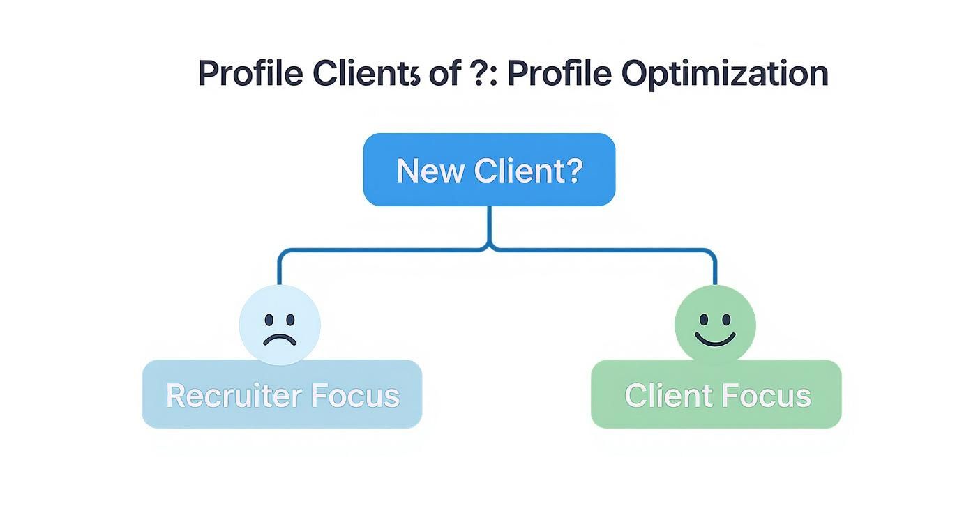 Flowchart showing client profiling decision tree with recruiter focus versus client focus branches for optimization