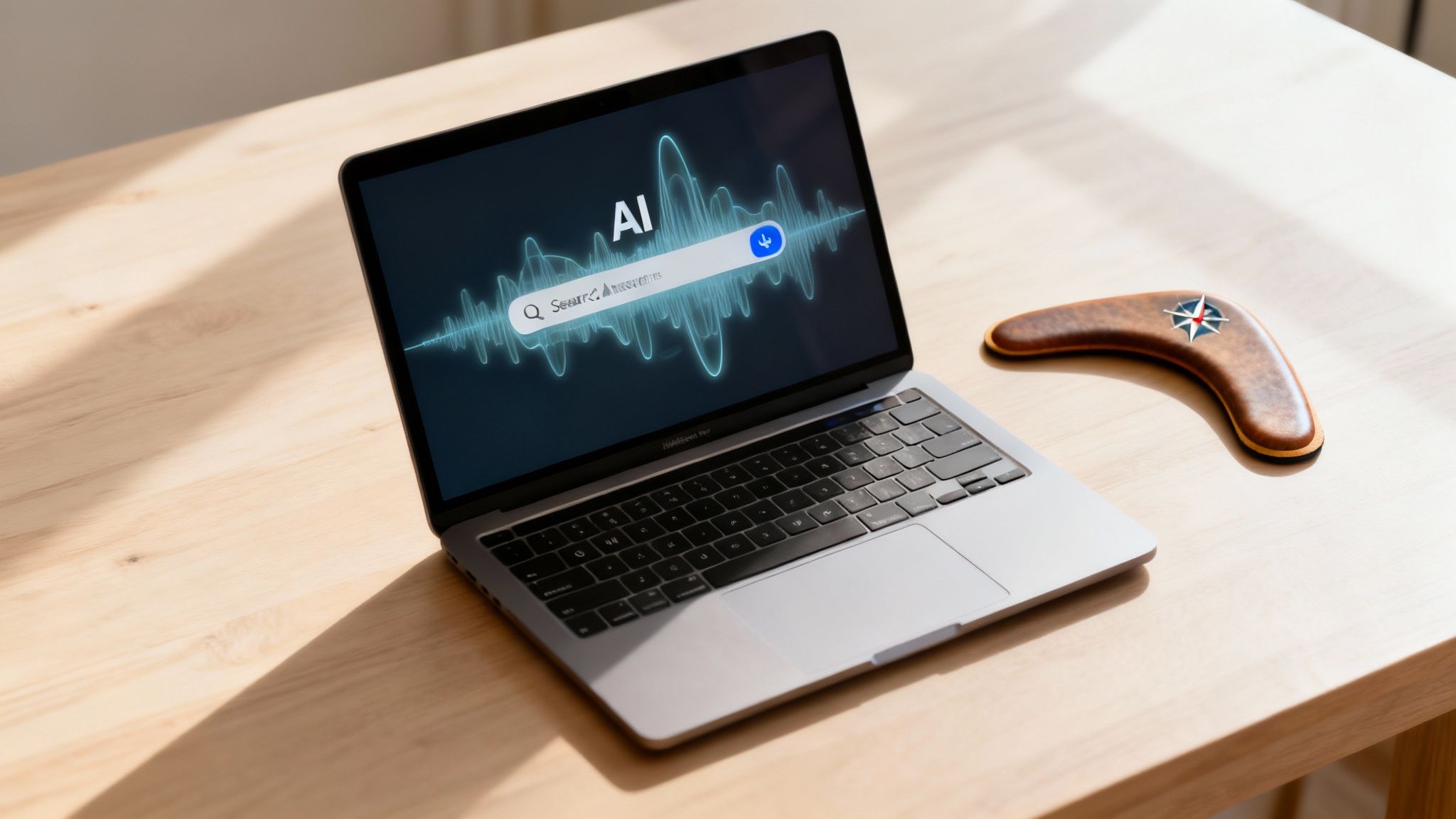 A laptop displays an AI search bar with sound waves on a wooden desk next to a decorative boomerang.