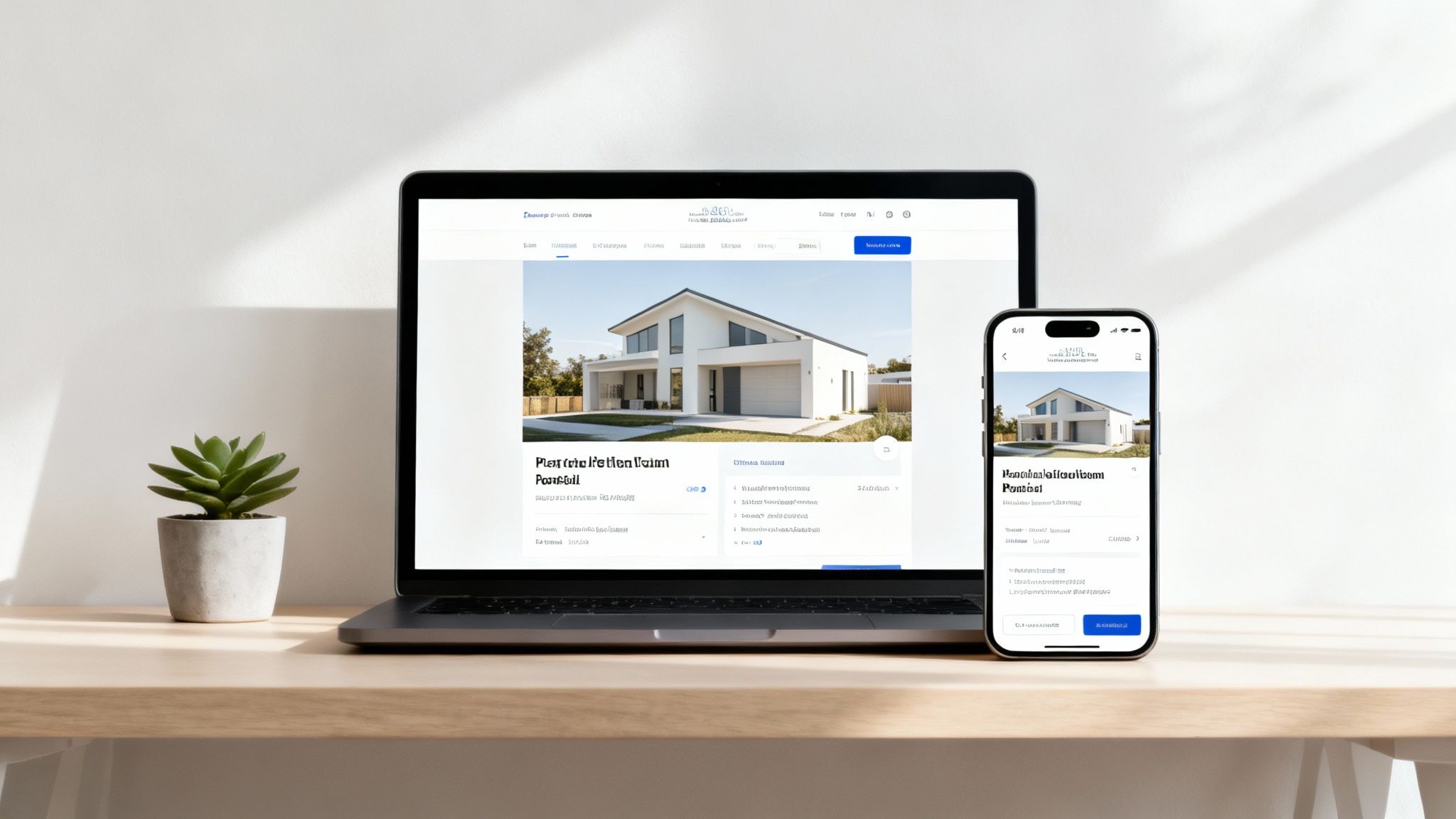 A modern, fast-loading real estate website shown on a laptop and a smartphone.