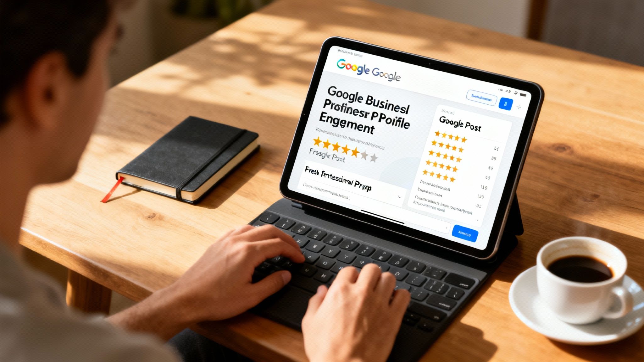 Person optimizing a Google Business Profile on a tablet, with a notebook and coffee nearby.
