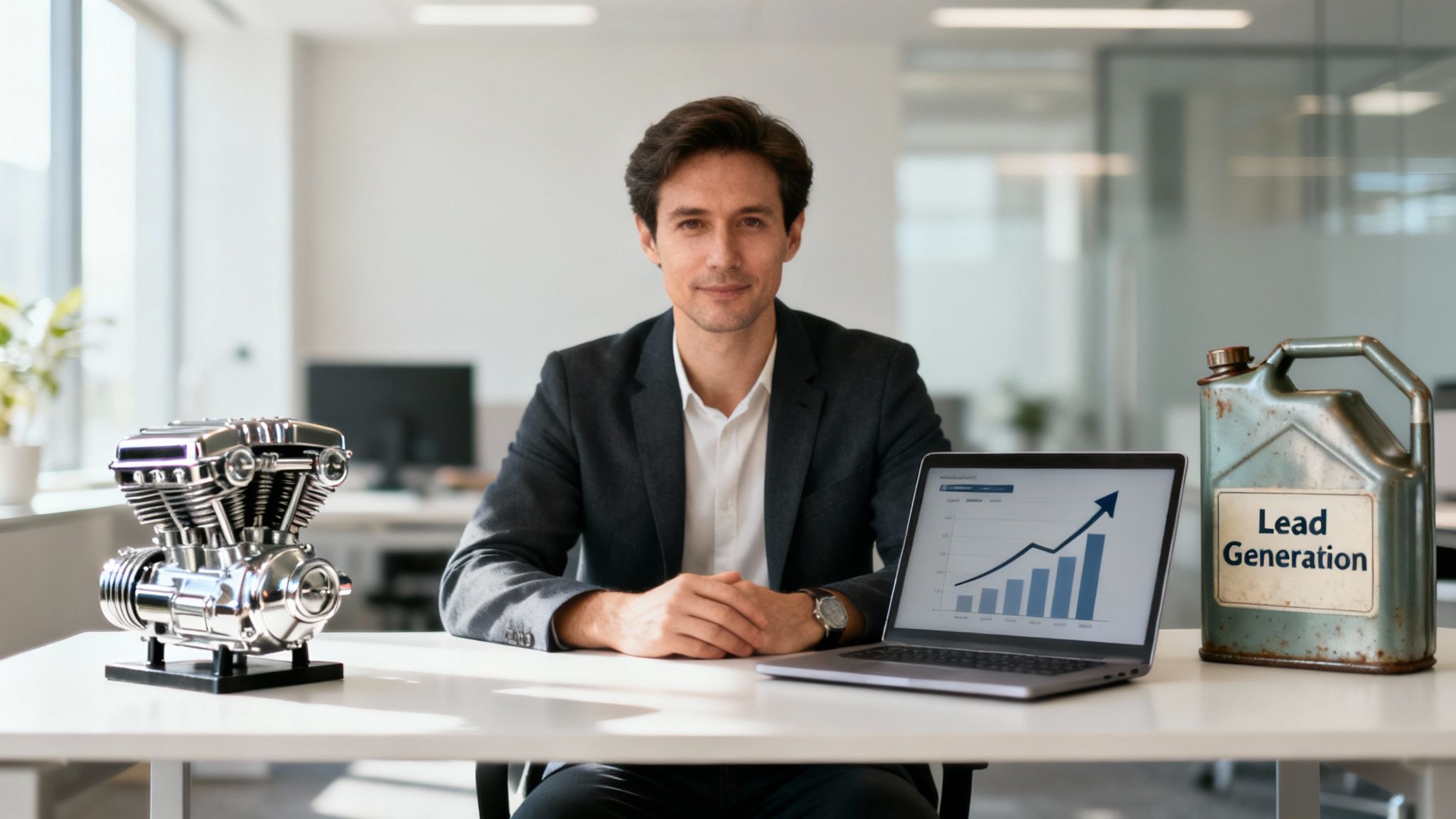 Professional man in an office with a laptop, an engine model, and a 'Lead Generation' fuel can, symbolizing business growth.