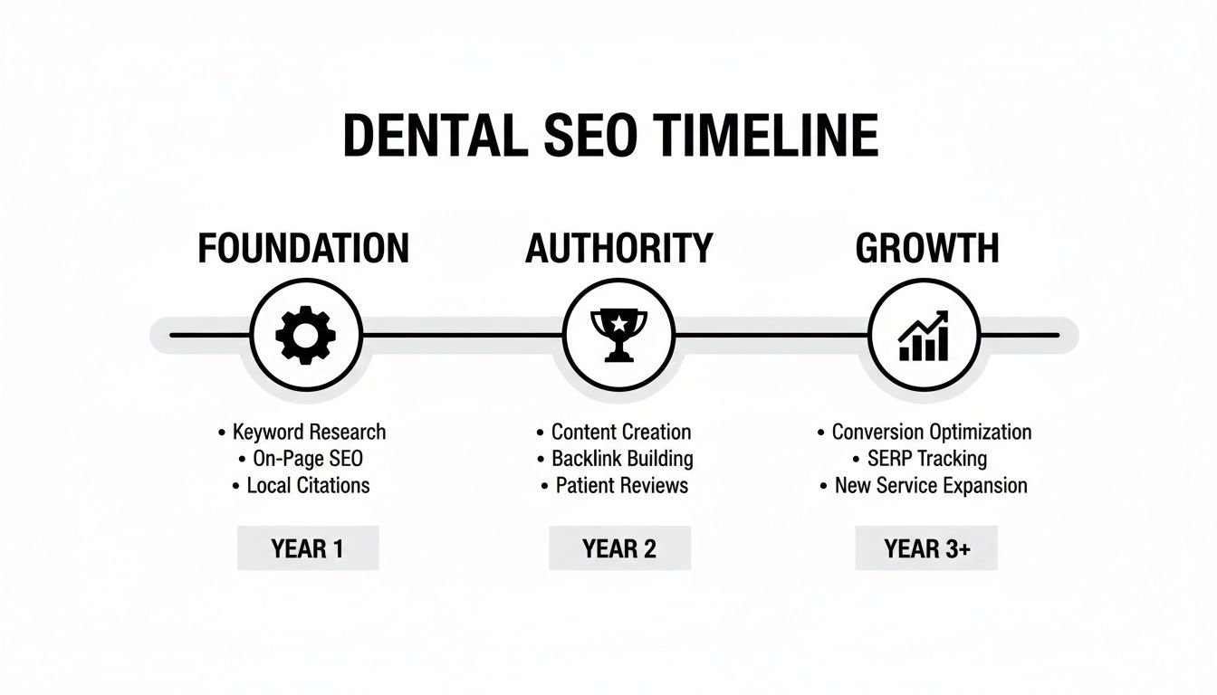 A dental SEO timeline showing three stages: Foundation (Year 1), Authority (Year 2), and Growth (Year 3+).