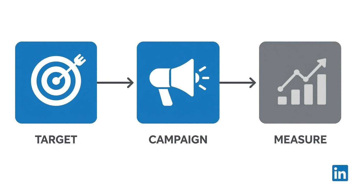 An infographic illustrating a three-step marketing strategy: Target (bullseye), Campaign (megaphone), and Measure (chart with growth).