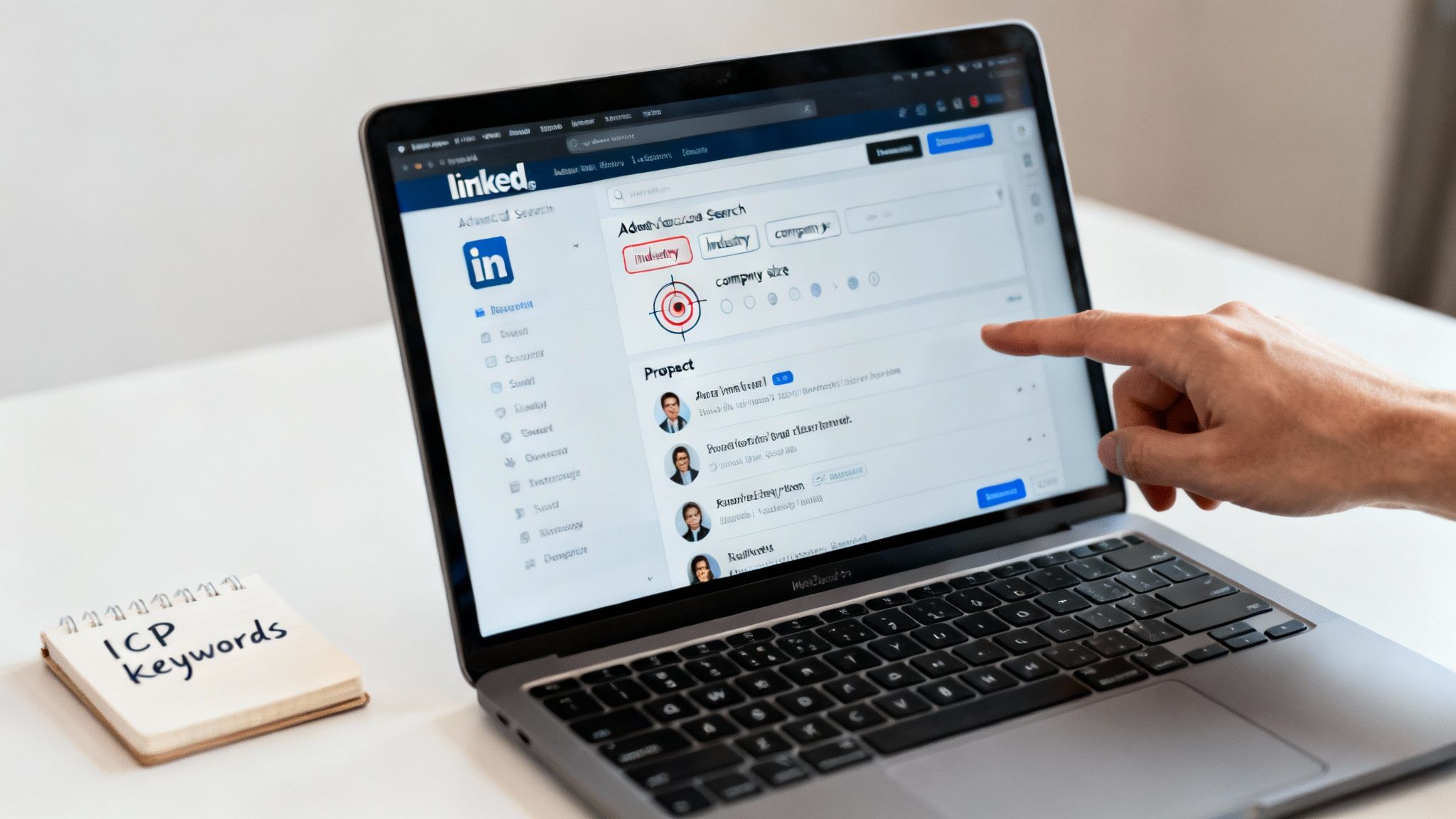 Hand pointing at LinkedIn lead generation software on a laptop, with an 'ICP keywords' notebook.