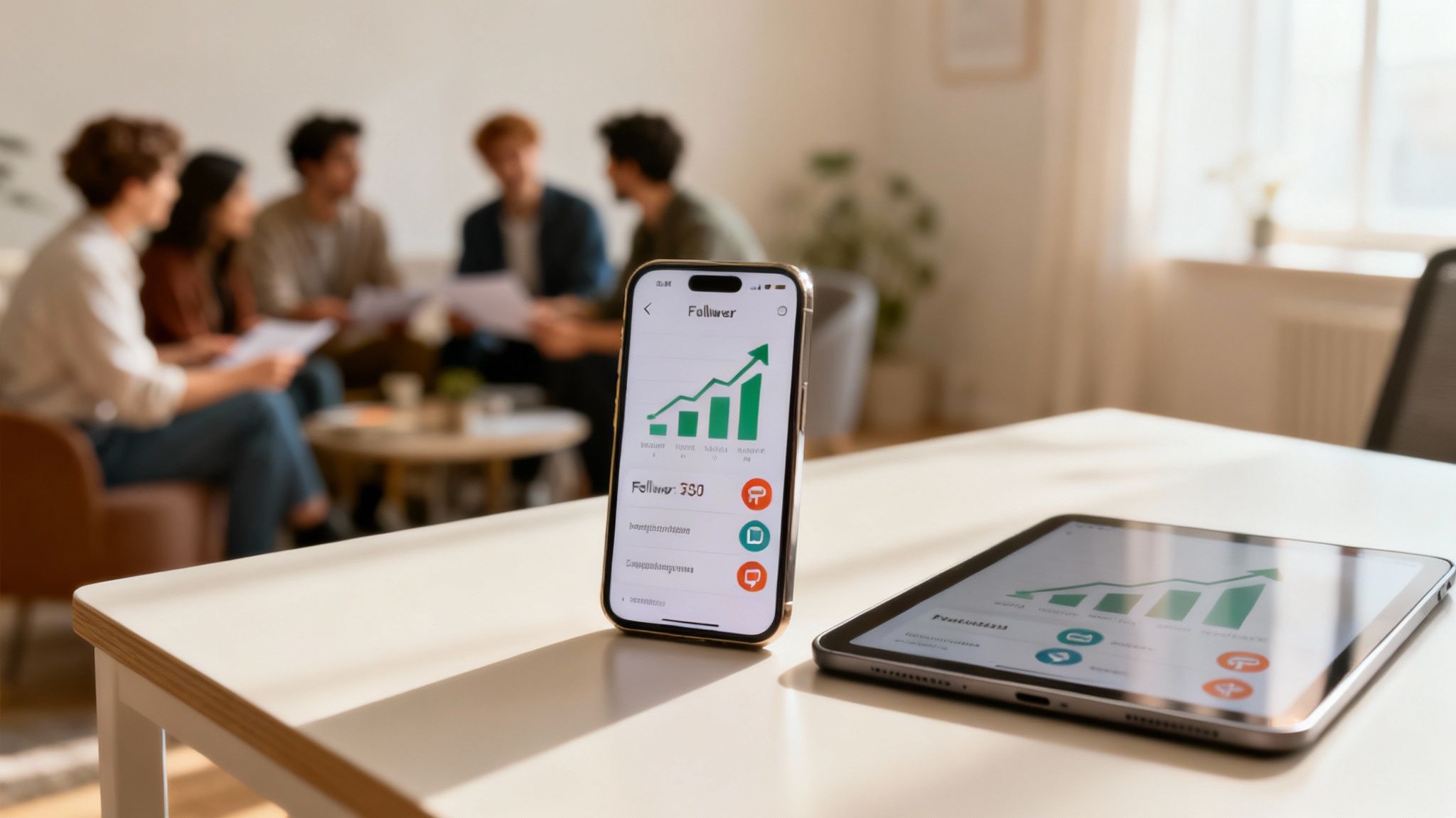 A smartphone and tablet display growth graphs on a table with a blurred group of people in the background.