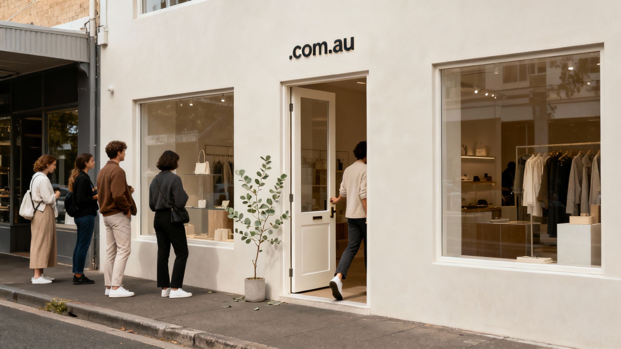 People waiting outside a modern white storefront with a '.com.au' sign on a sunny street.