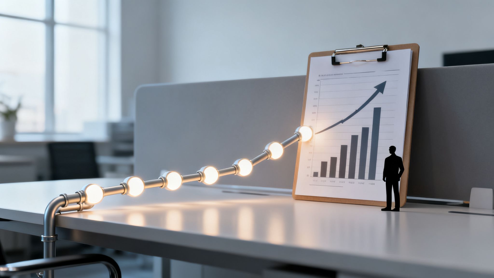 Glowing light bulbs form an upward path leading to a business growth chart with a man's silhouette.