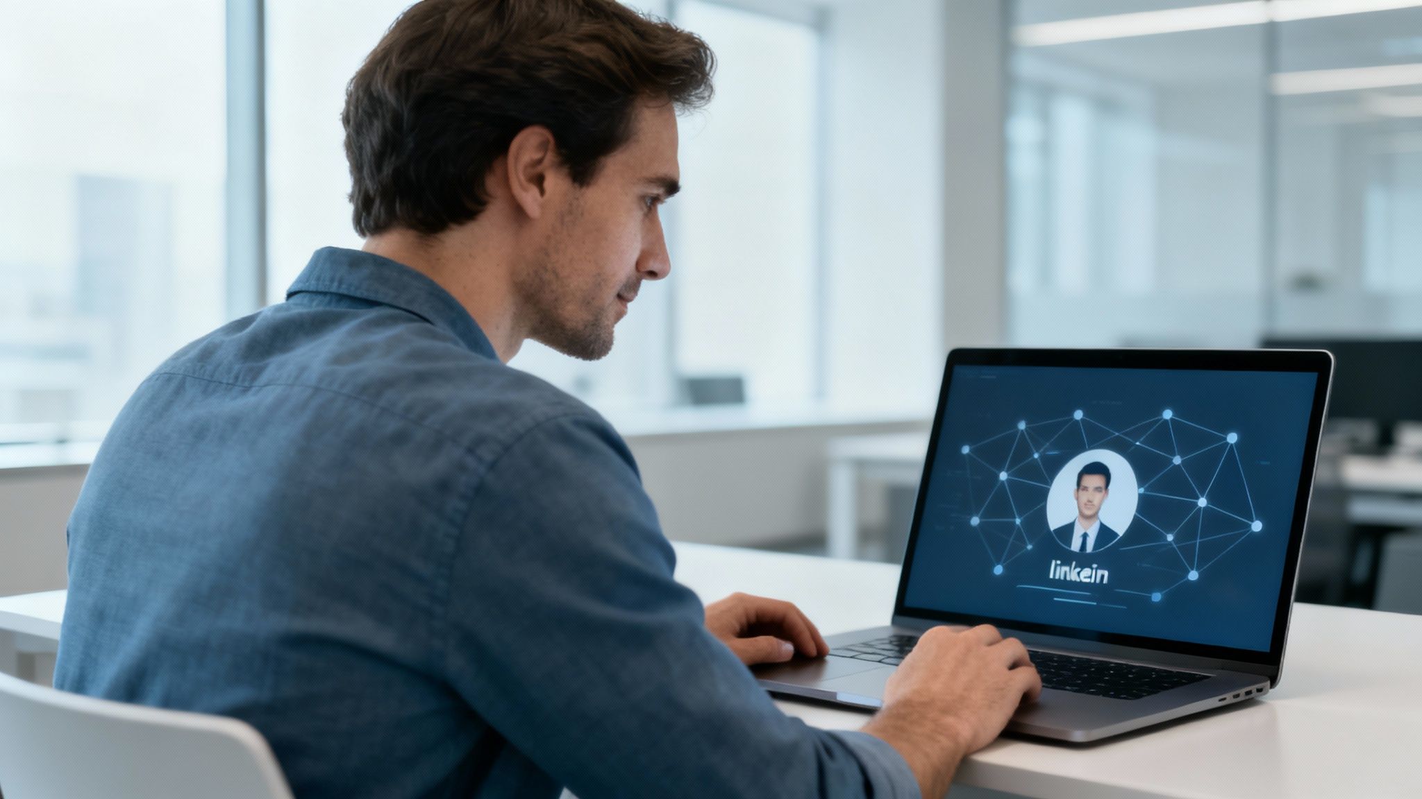 Professional businessman using laptop computer for LinkedIn networking and social media marketing strategy