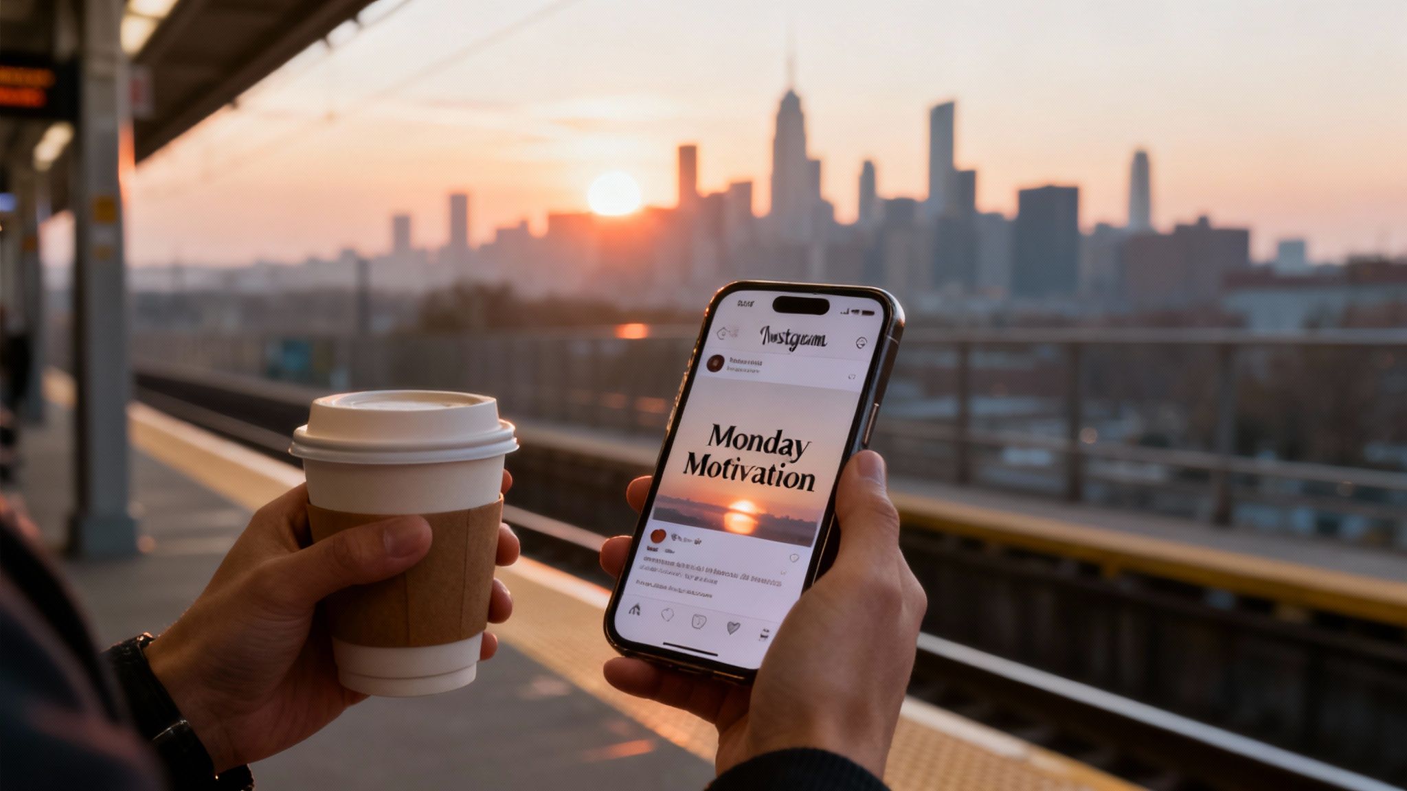 Person holding coffee and phone displaying 'Monday Motivation' on Instagram at a city train station.
