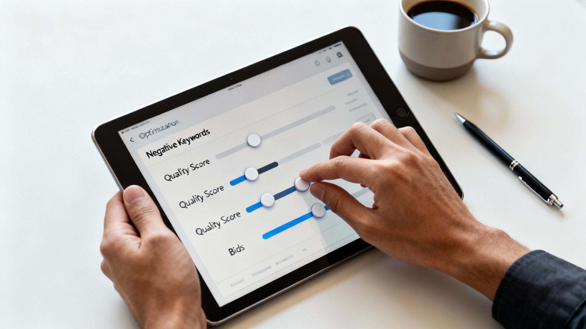 A person optimizes ad campaign settings on a tablet, adjusting quality scores and bids.