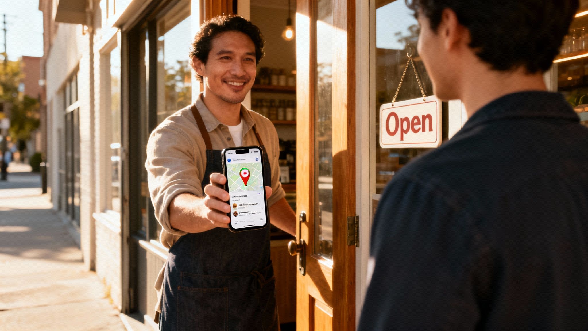 A smiling small business owner holds a smartphone with a map app displaying a location pin, welcoming a customer.