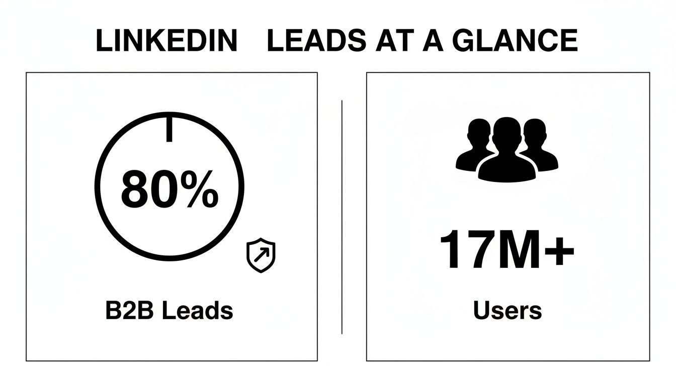An infographic showing LinkedIn's lead generation statistics, highlighting 80% B2B leads and over 17 million users.
