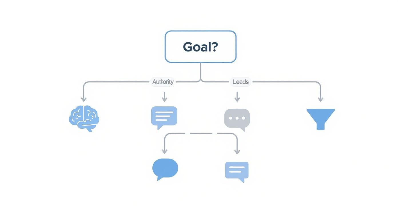 A marketing flowchart illustrating a goal, authority, and leads with various business icons.