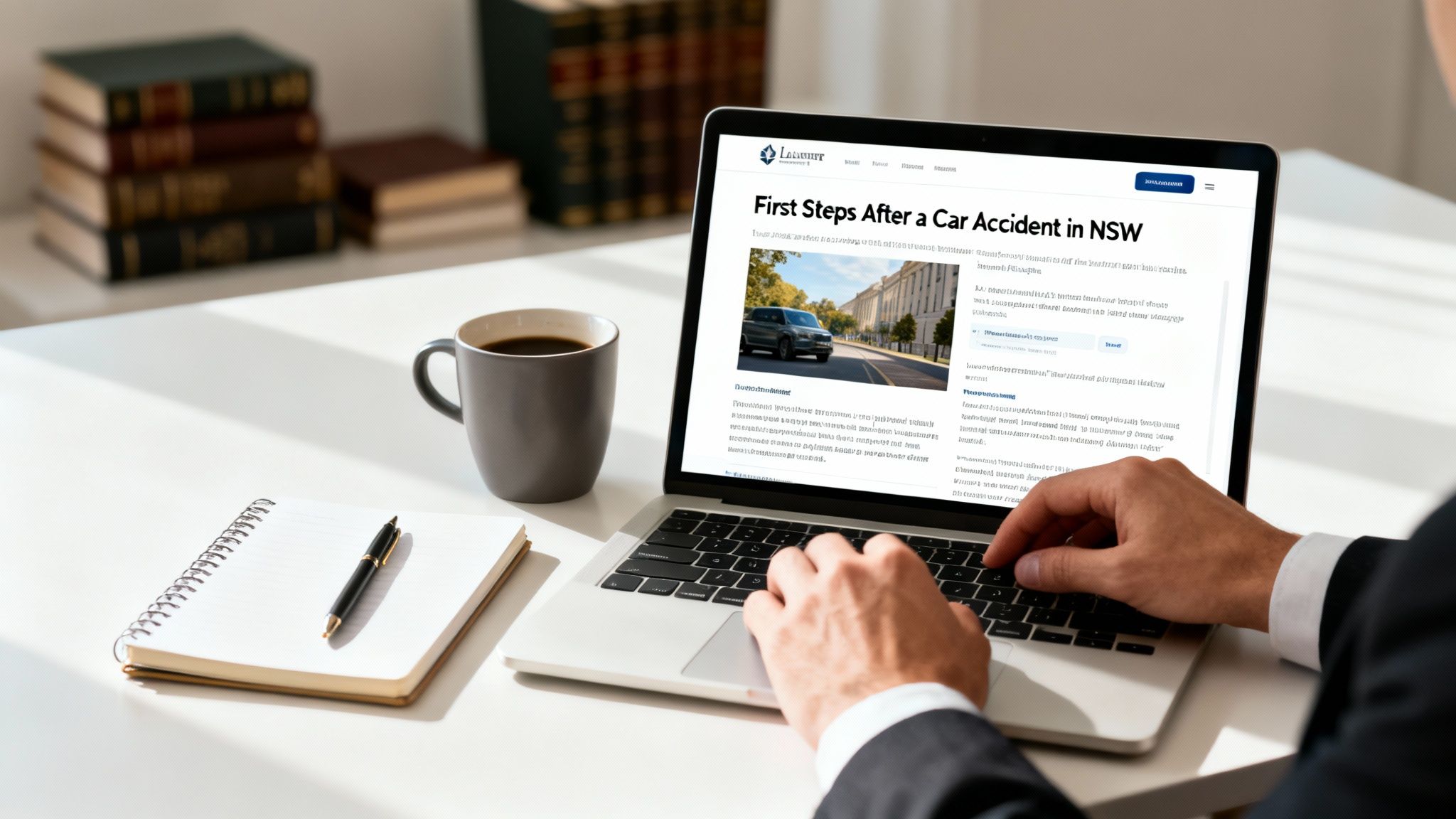 Person typing on a laptop displaying a law firm's website article about car accidents, with coffee and notebook.