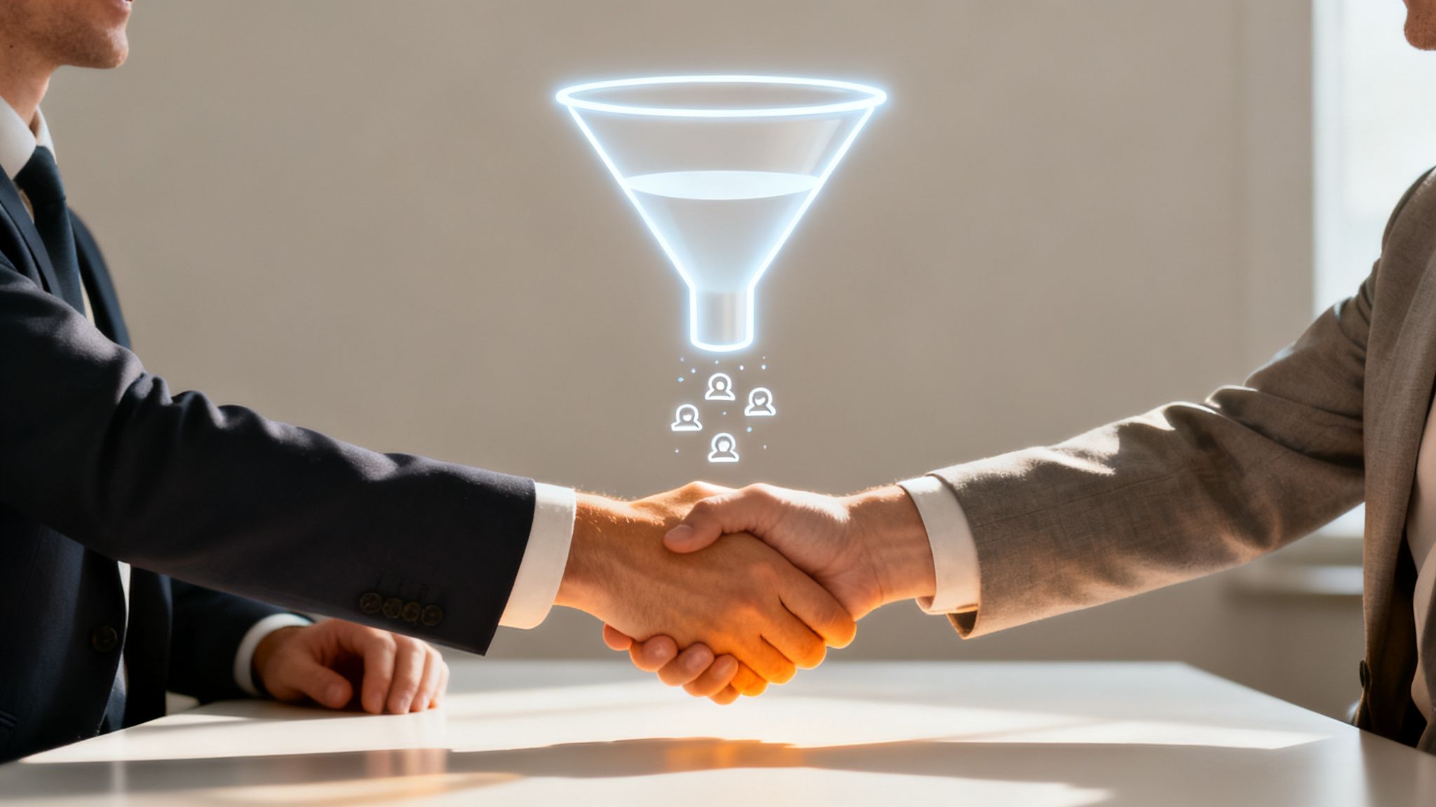 Two businessmen shaking hands under a glowing digital sales funnel generating customer leads.