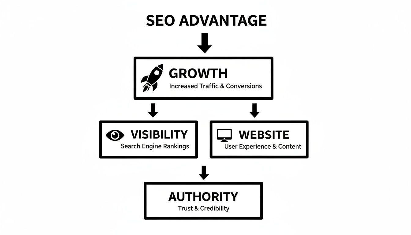 Flowchart illustrating the SEO advantage leading to growth, visibility, website improvement, and authority.