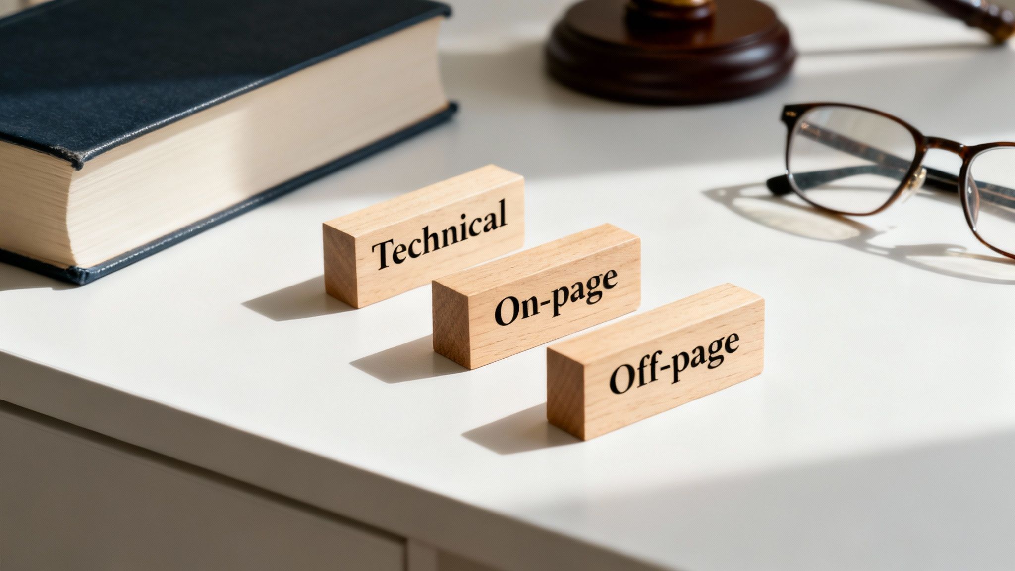 Wooden blocks display 'Technical', 'On-page', 'Off-page' SEO terms, essential for legal services.