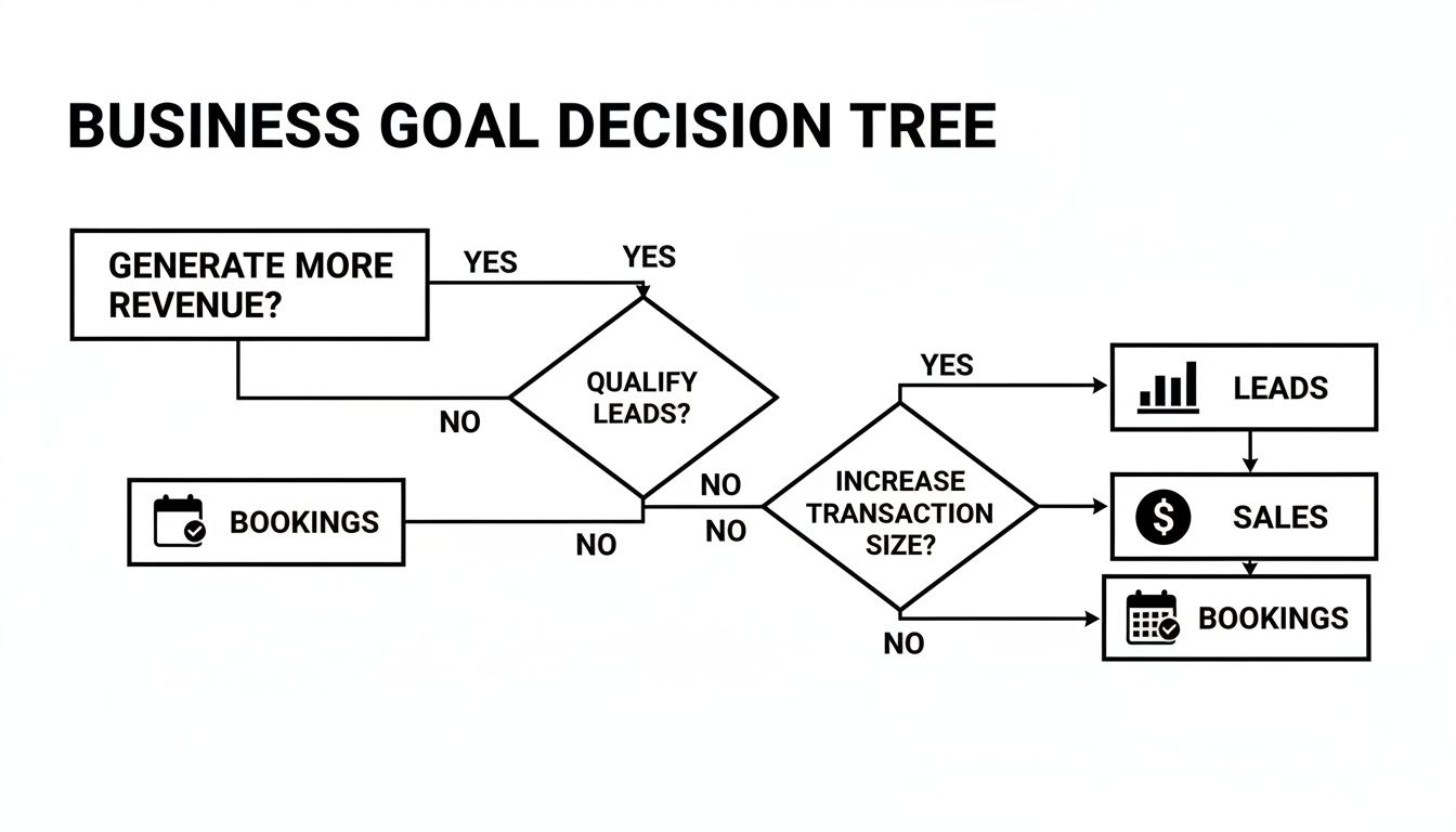 Business goal decision tree flowchart illustrating steps for revenue generation, lead qualification, and sales targets.