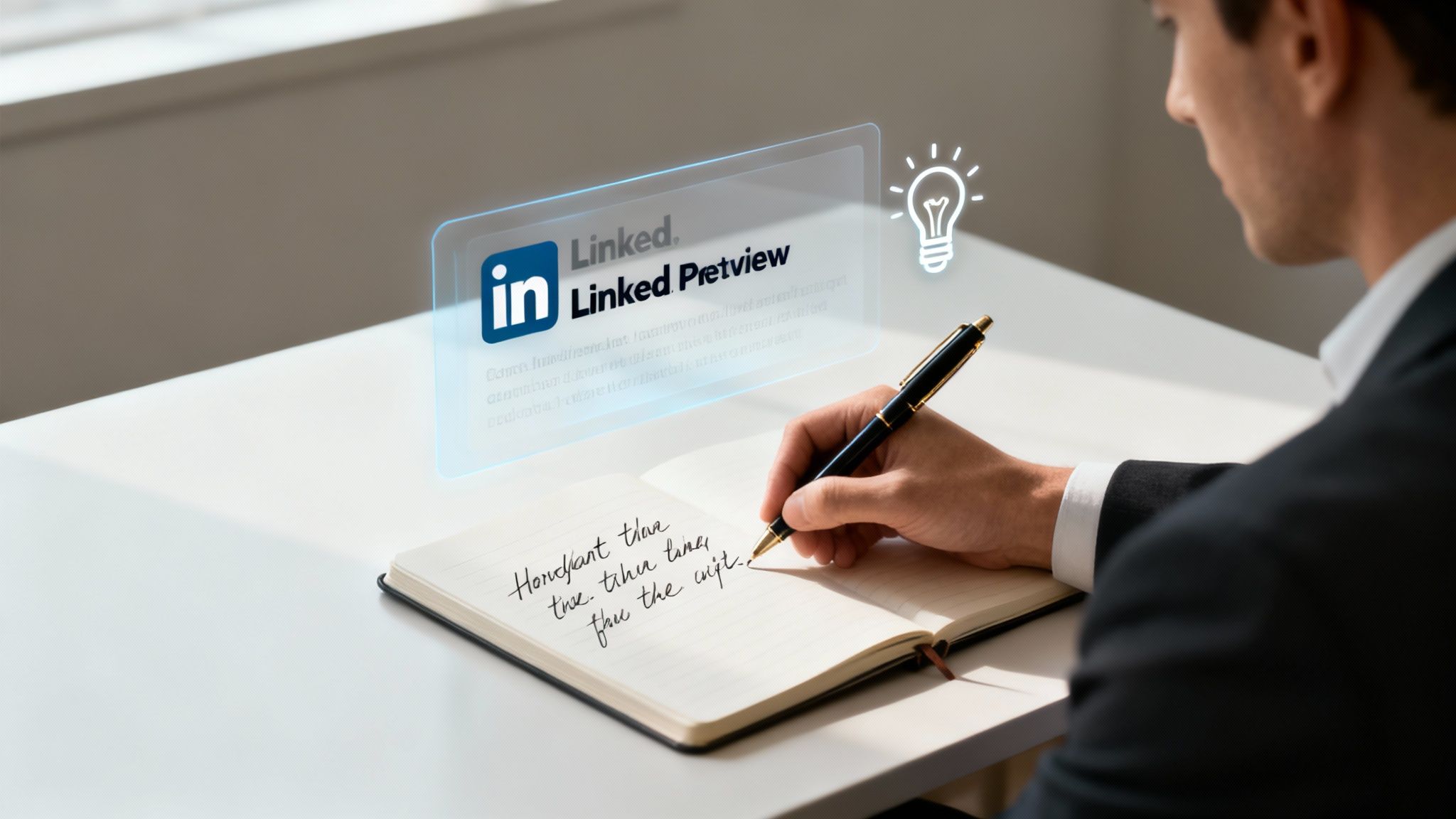 Professional writing notes while viewing LinkedIn Petview interface on transparent screen with lightbulb icon