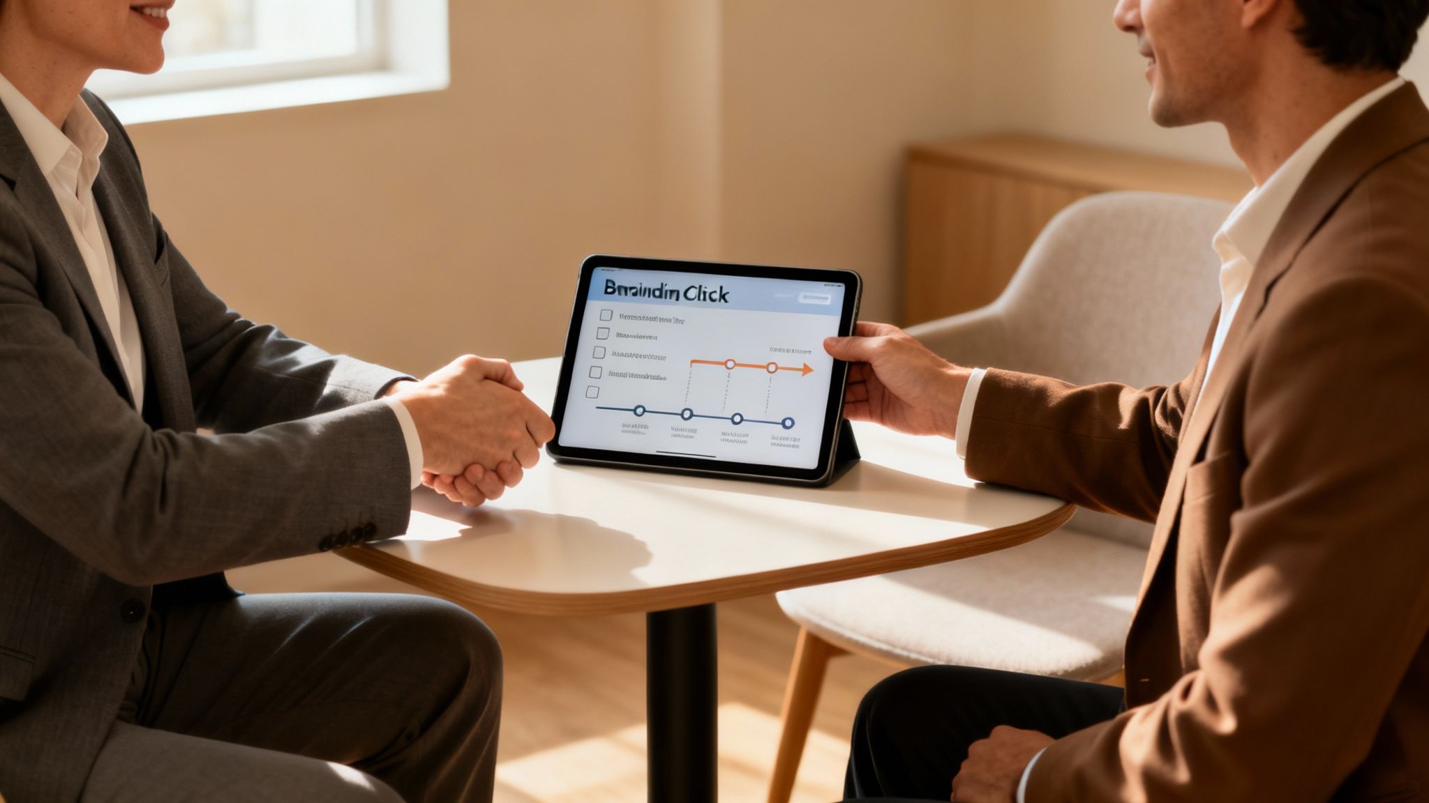 Two business professionals discuss a project on a tablet, showing a timeline and checklist.