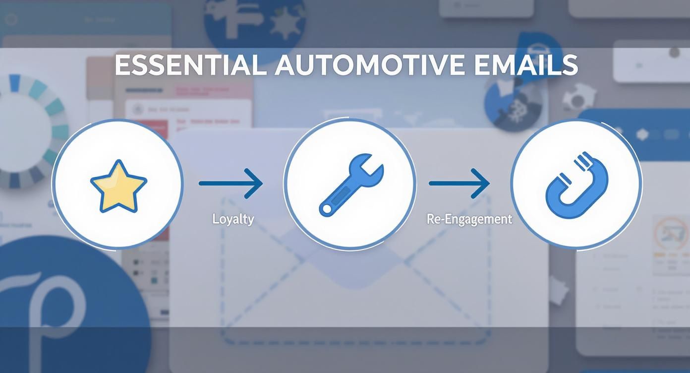 Automotive email marketing strategy showing progression from loyalty through service to customer re-engagement with icons