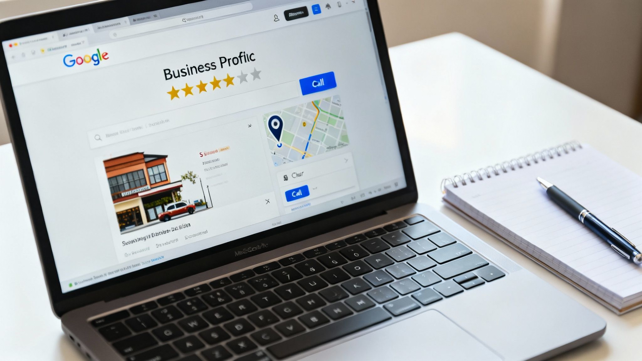 Laptop screen showing a Google Business Profile for 'Business Prolific' with a 4.5-star rating, map, and call button, next to a notebook and pen.