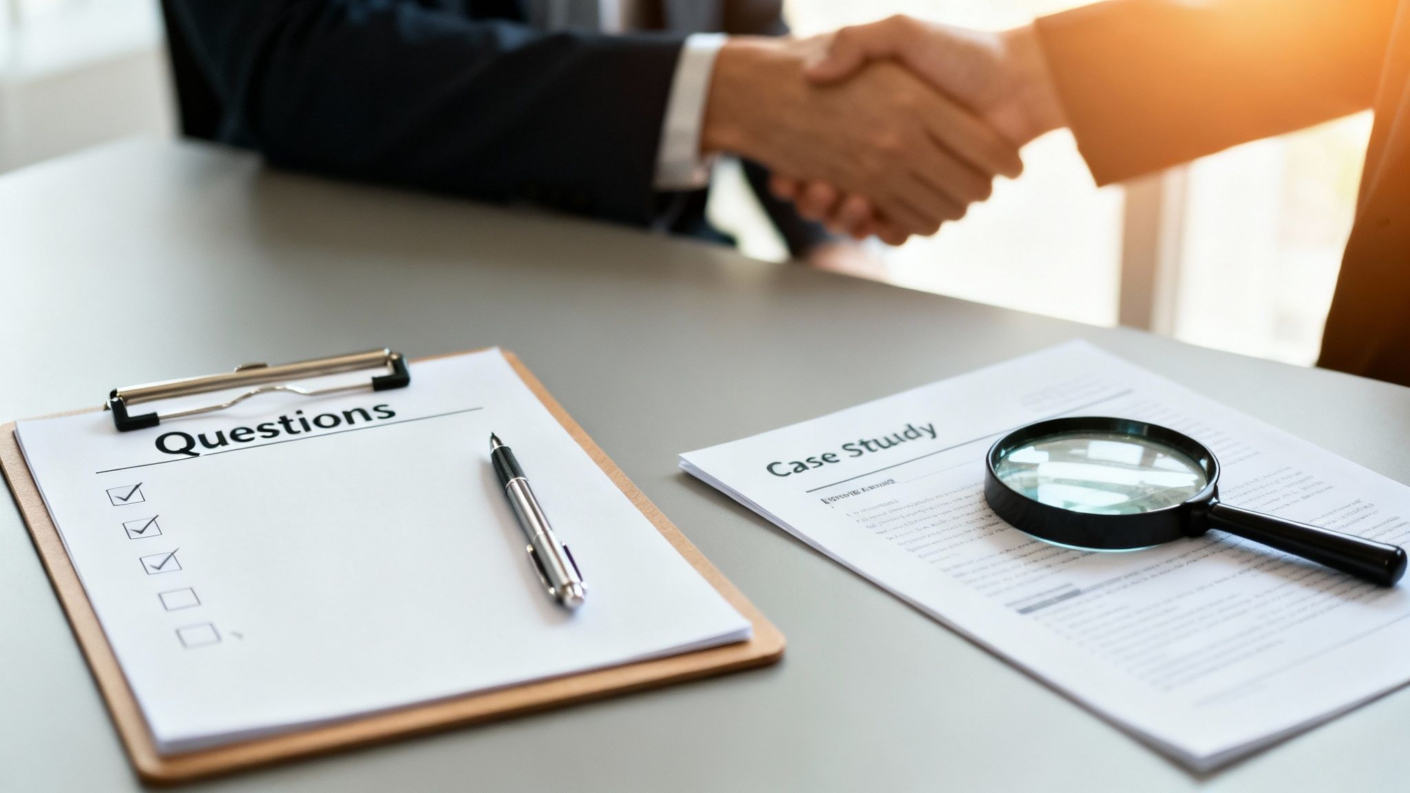 Two business people shaking hands over a desk with 'Questions' and 'Case Study' documents.