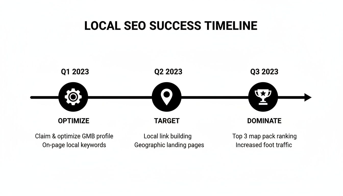 Local SEO success timeline for 2023 showing optimization, targeting, and domination phases.
