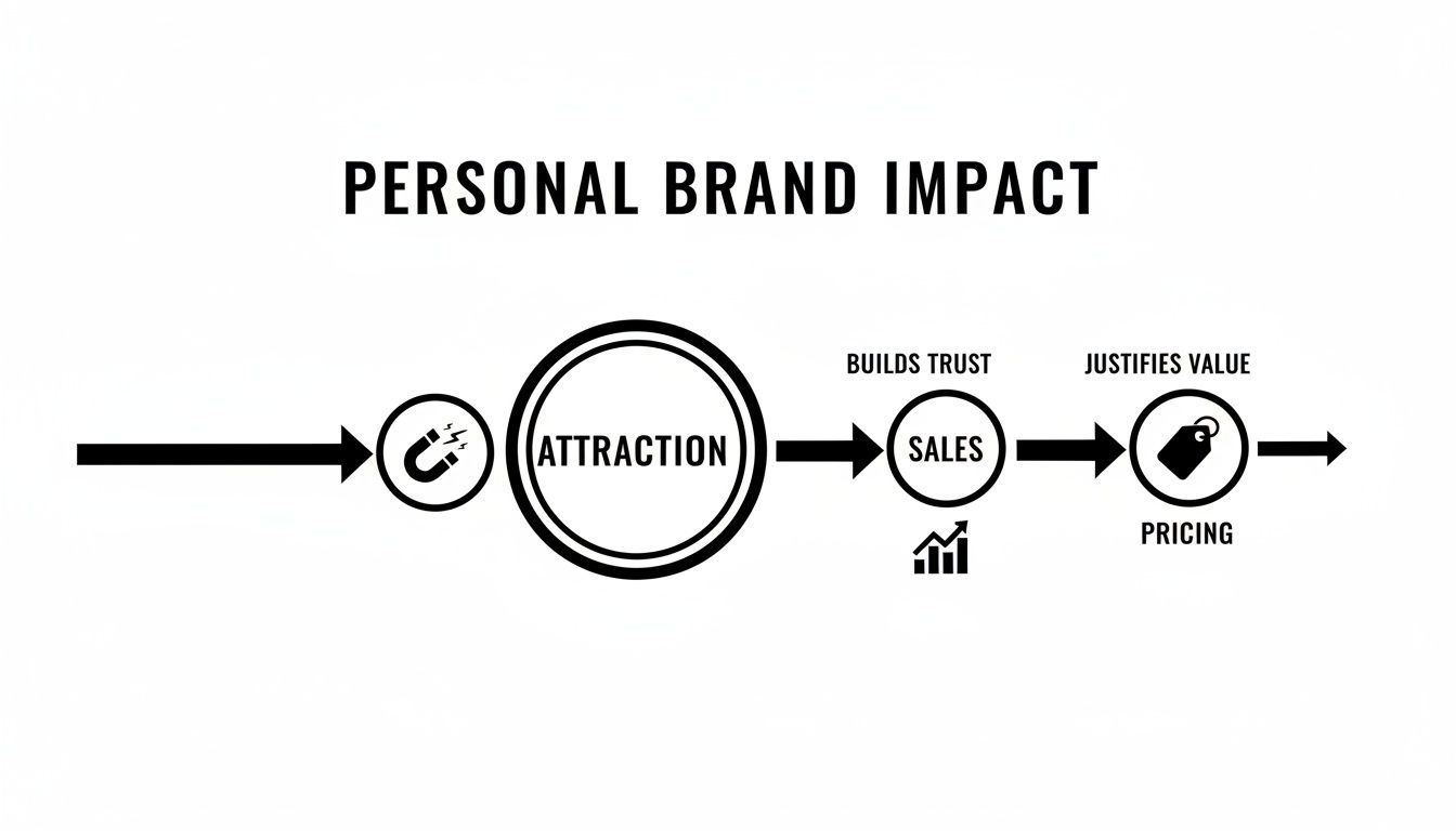 Diagram illustrating personal brand impact: from attraction to sales, building trust, and justifying value for pricing.