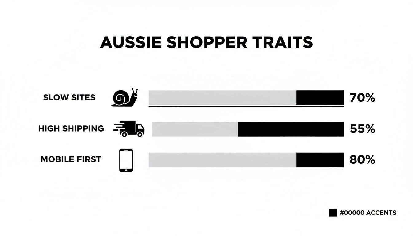 Infographic showing Aussie shopper traits: slow sites (70%), high shipping (55%), and mobile first (80%).
