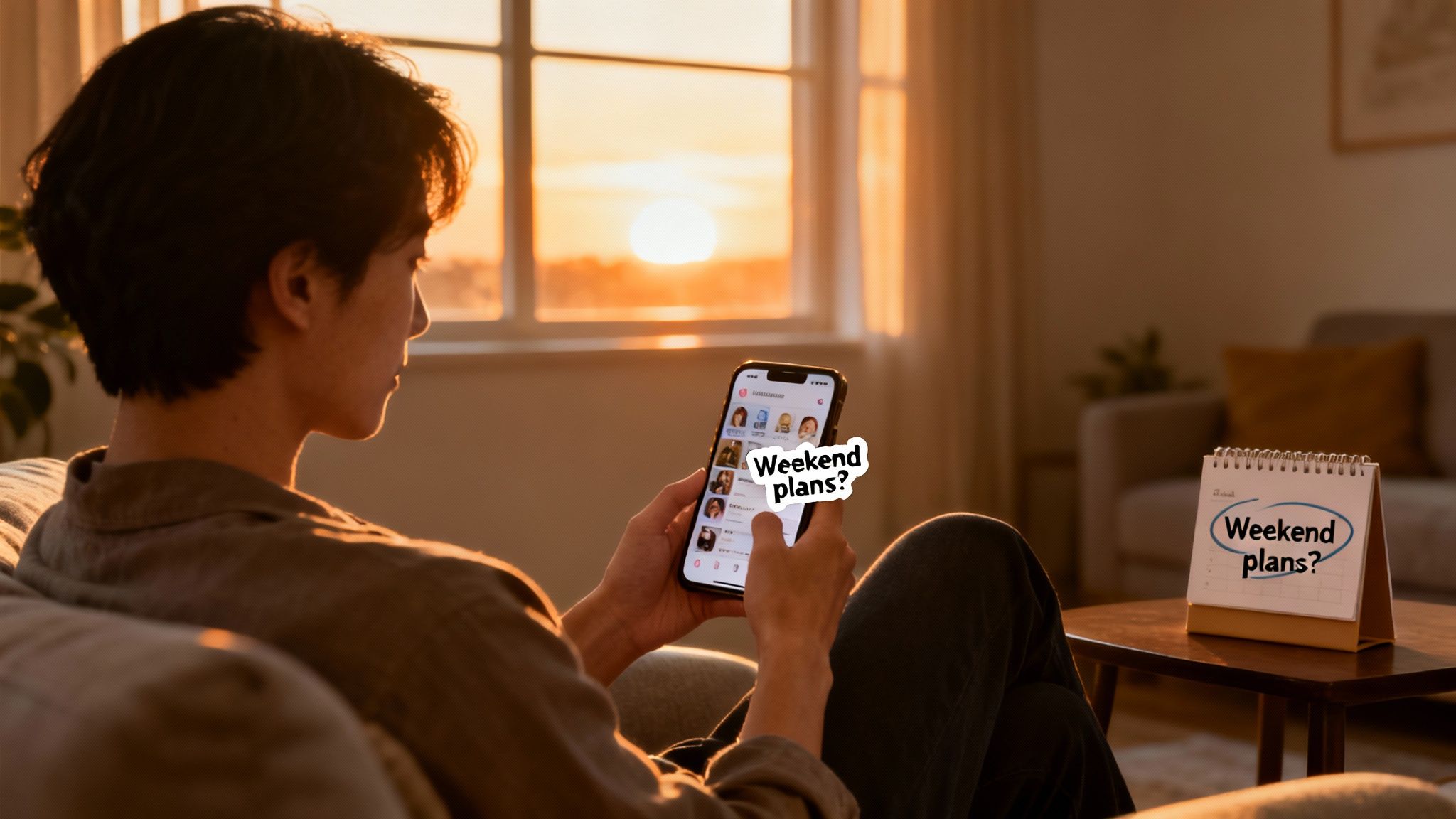 A person on a couch looking at their phone, with a sunset view and 'Weekend plans?' text.