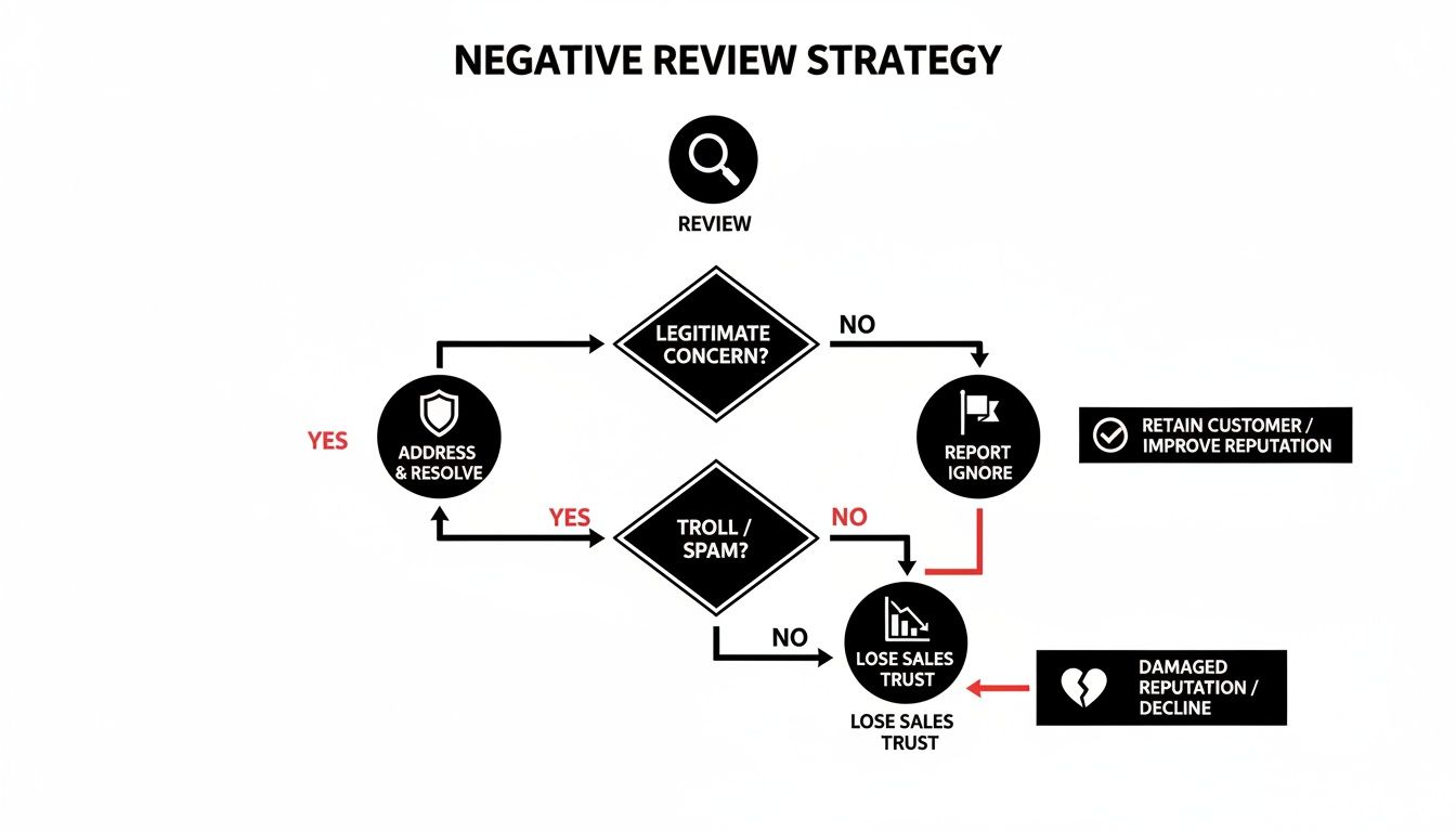 Flowchart illustrating a negative review strategy with steps for legitimate concerns, spam, and reputation management.