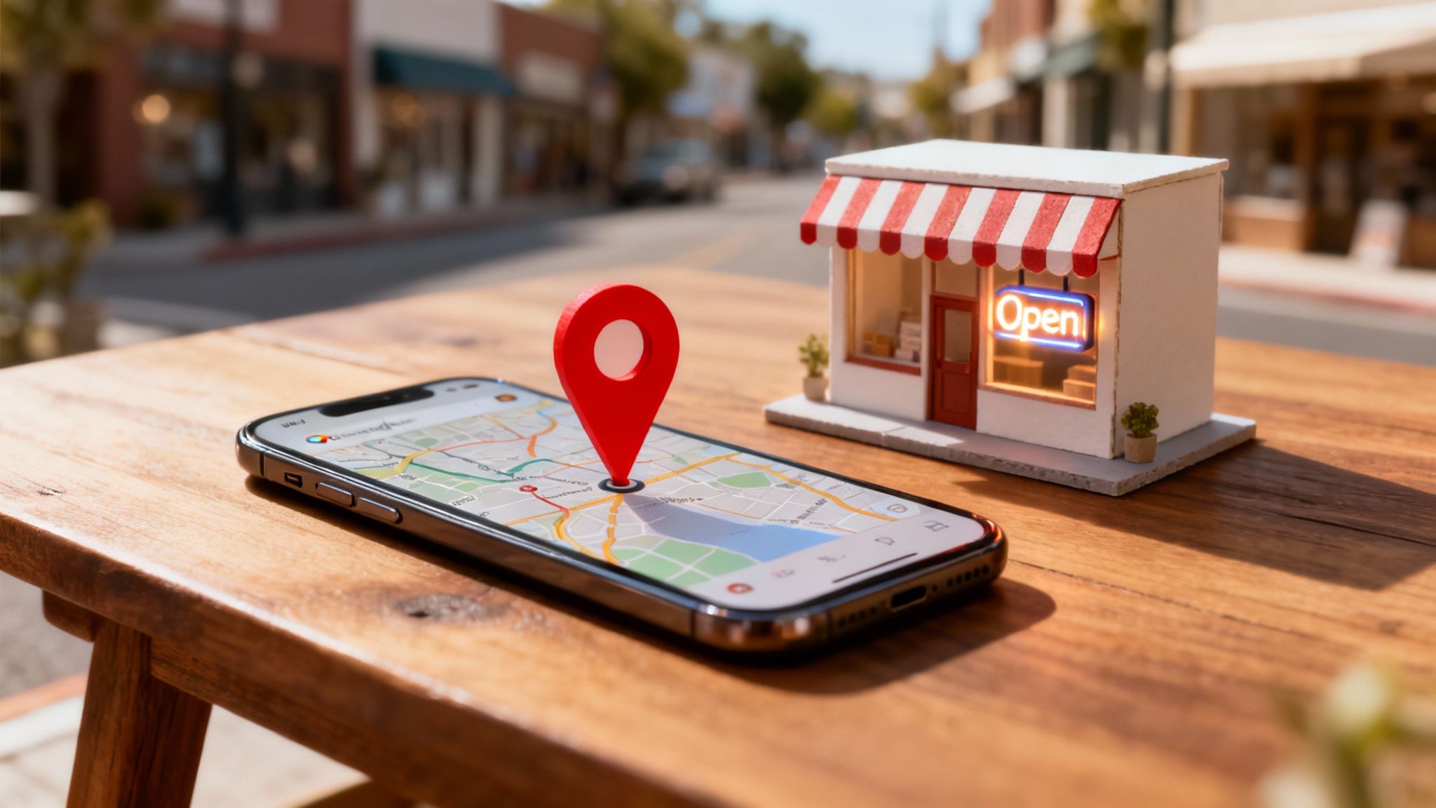 Digital map with a location pin on a smartphone next to a small business model with an 'Open' sign.