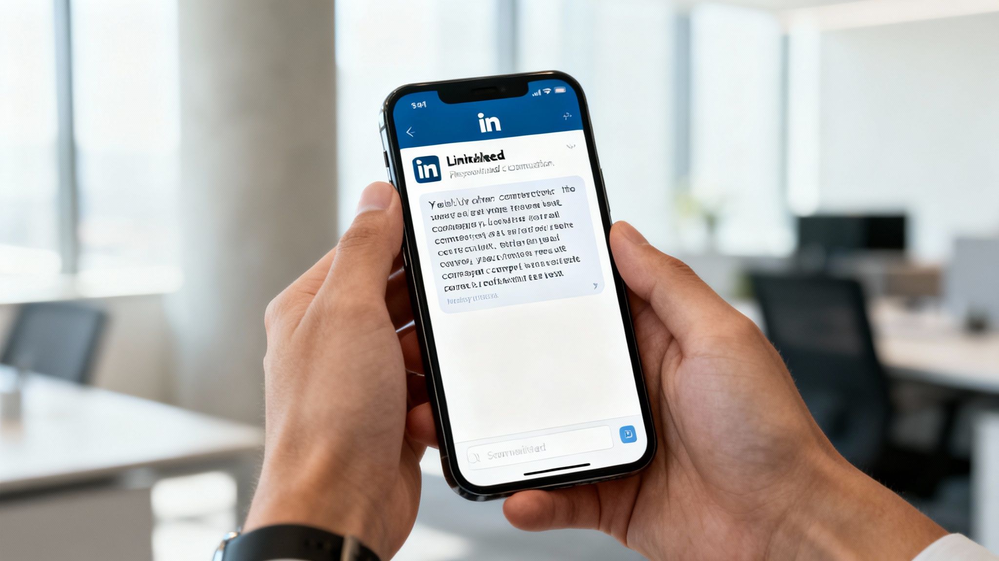 A person holds a smartphone displaying the LinkedIn app in a modern office environment.