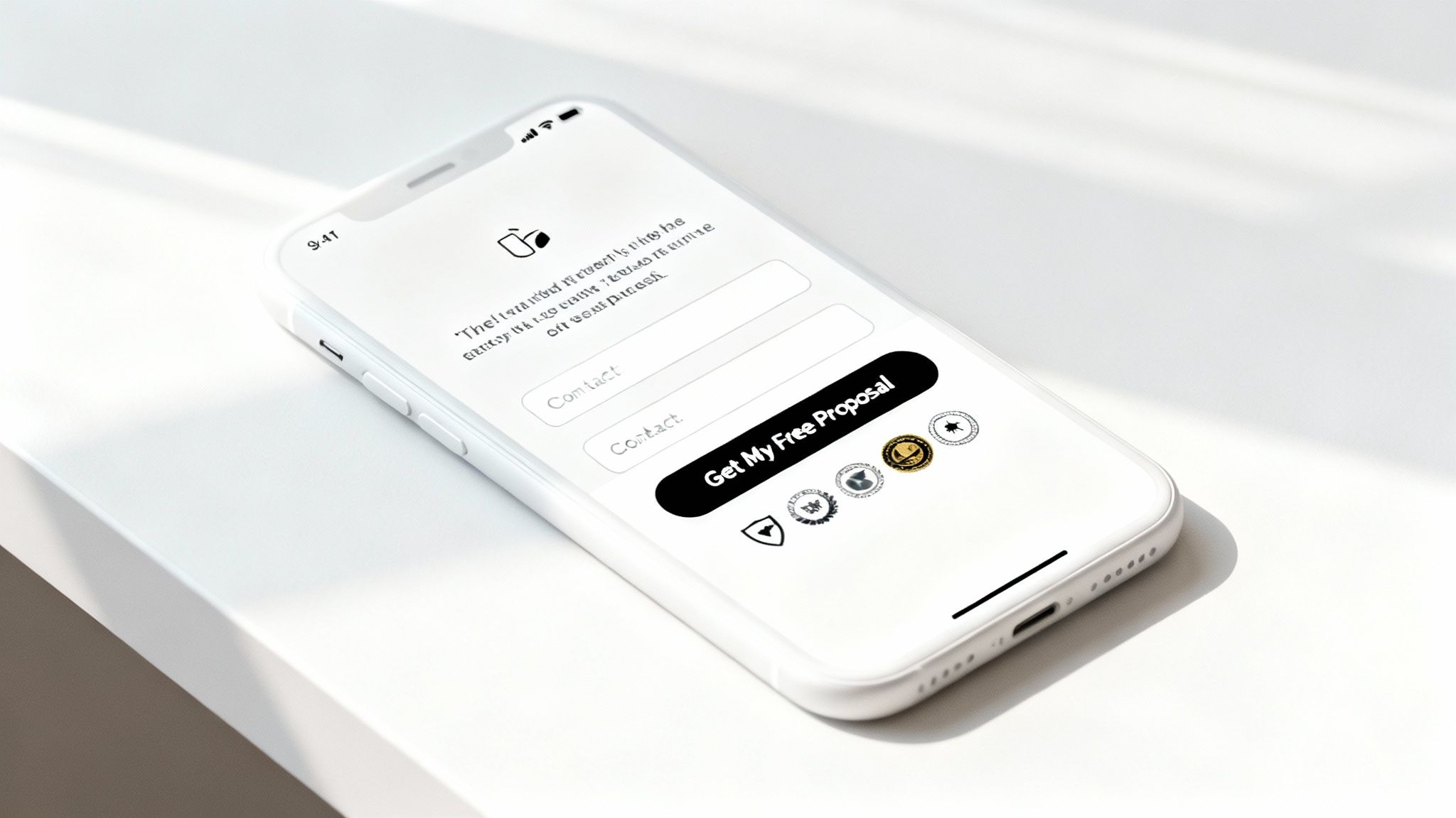 A white iPhone displays a mobile app with a form to 'Get My Free Proposal' and various badges.