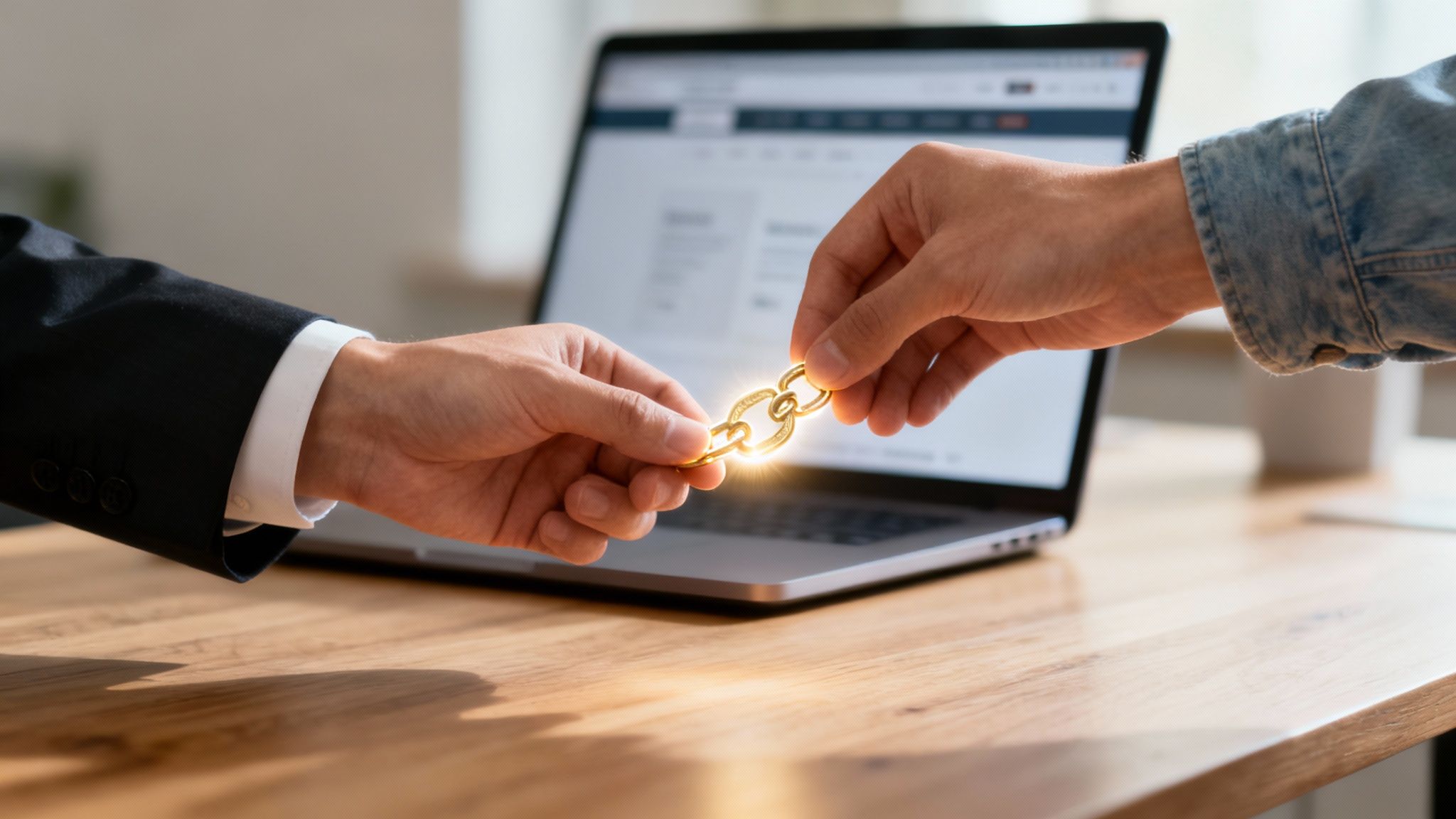 Two hands, one in a suit and one in denim, holding a glowing golden chain link above a laptop.