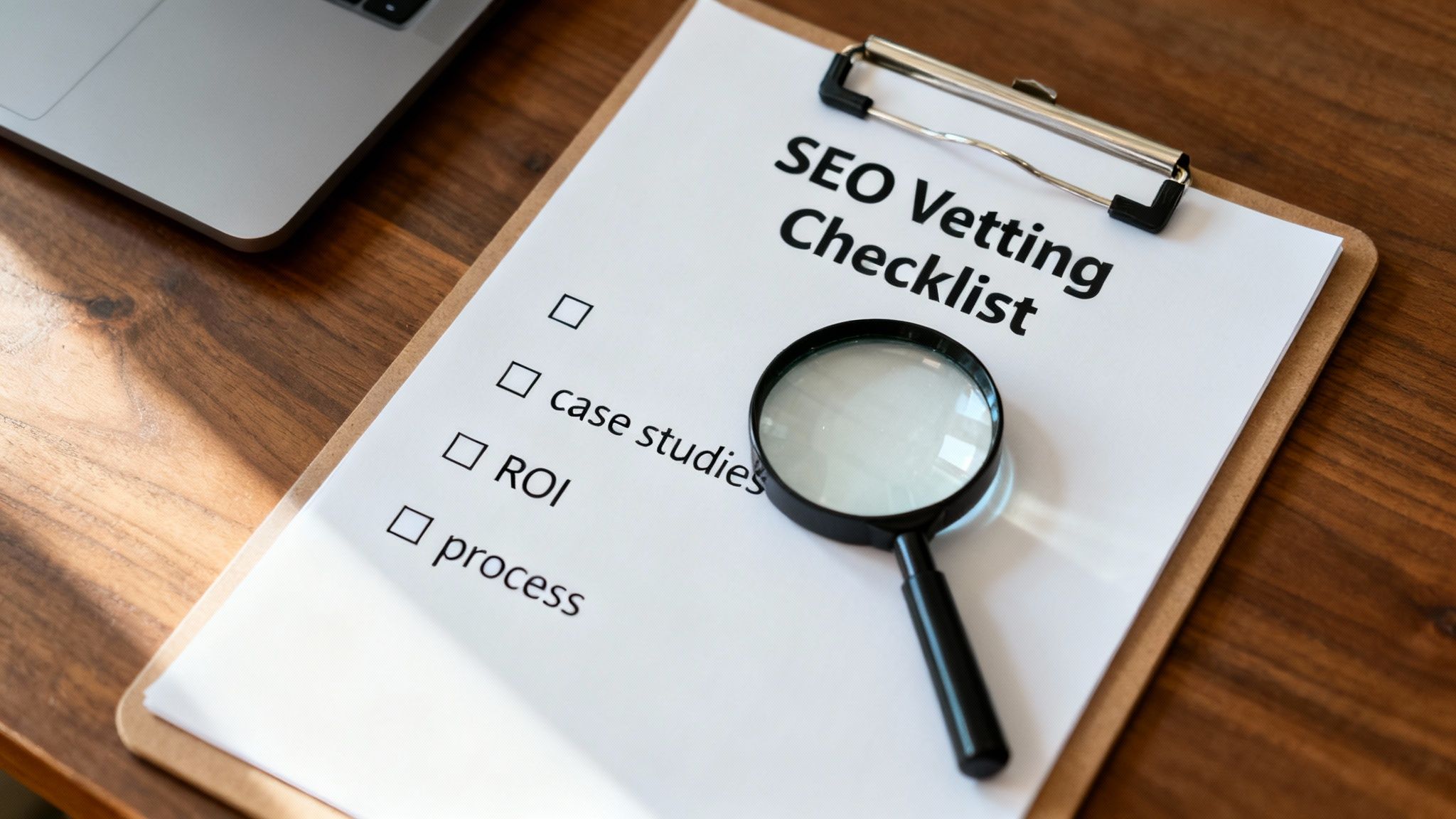 SEO Vetting Checklist on a clipboard with a magnifying glass and laptop on a wooden desk.