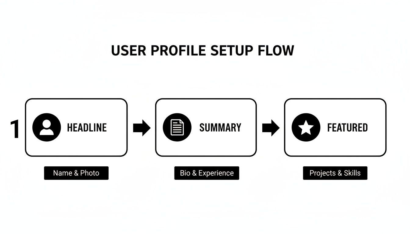 Diagram showing a user profile setup flow with steps for headline, summary, and featured sections.