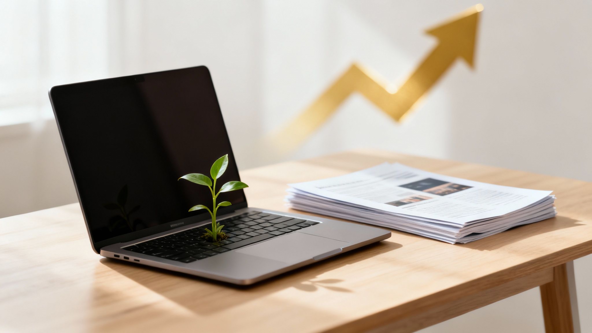 A green plant sprouts from a laptop keyboard on a desk, symbolizing sustainable business growth.