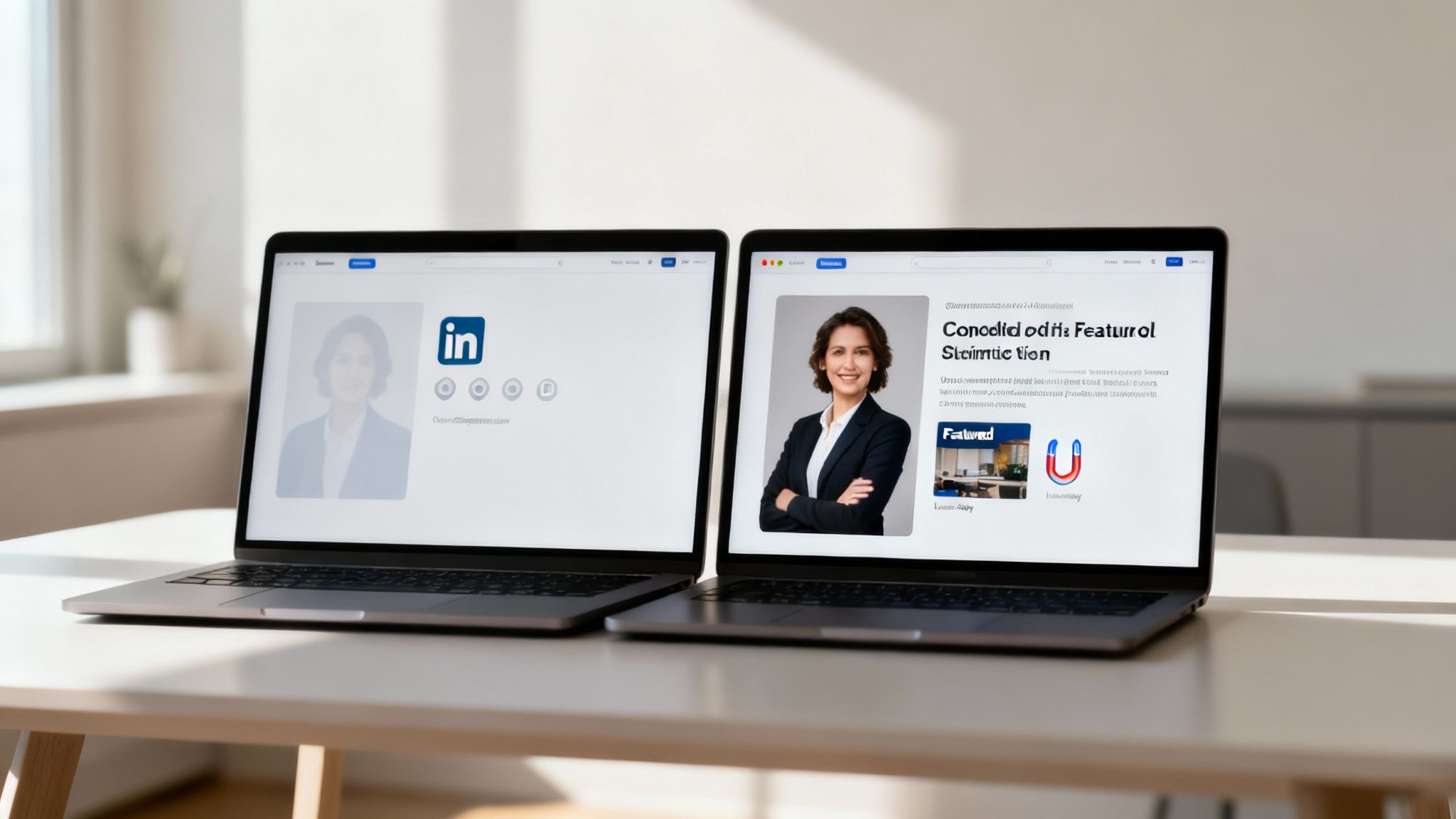 Two laptops on a white desk, one displaying a LinkedIn profile, the other a professional woman's portrait.