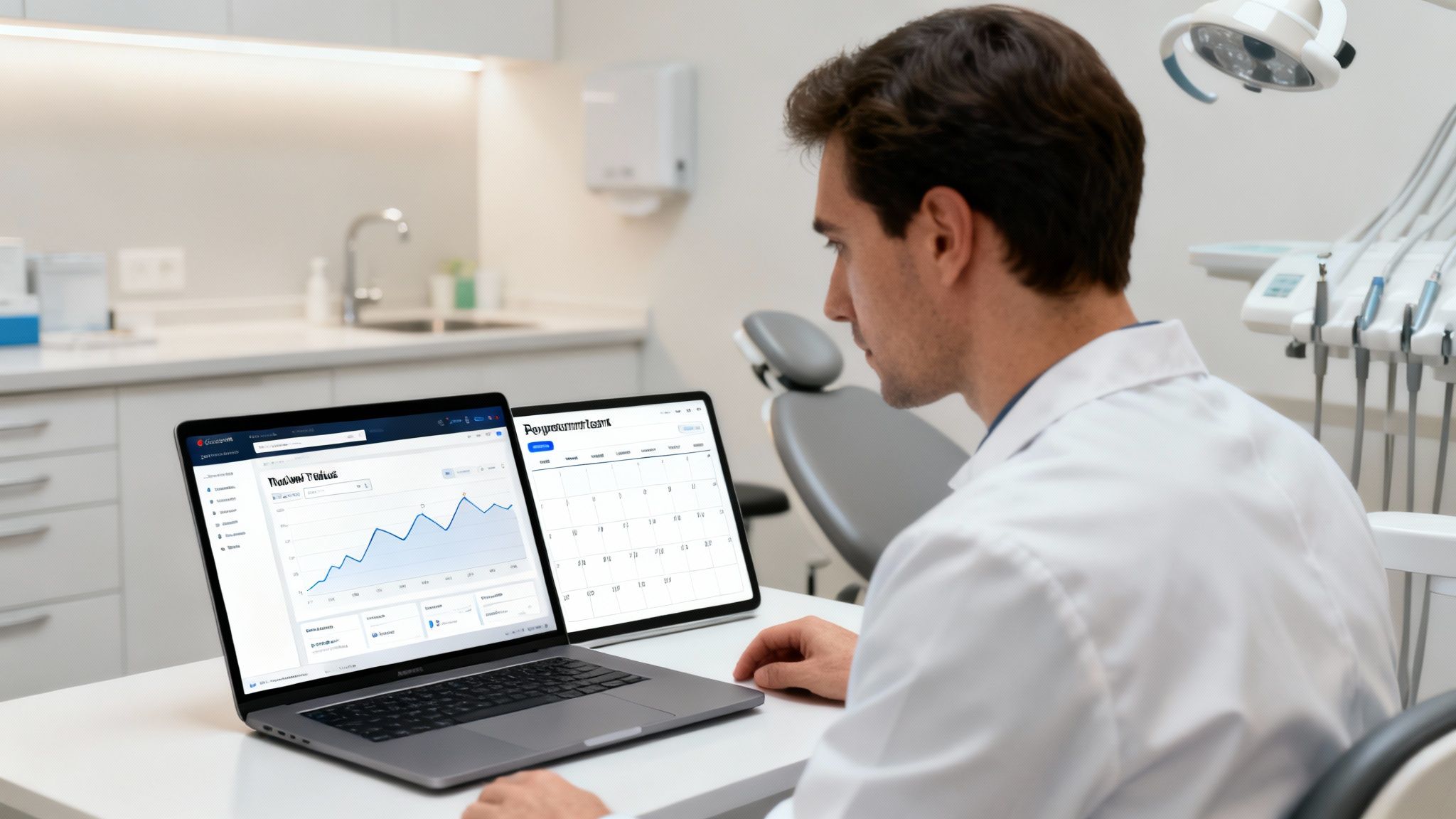 A male dentist in a white coat reviewing patient data on a laptop and calendar on a tablet in a modern dental clinic.